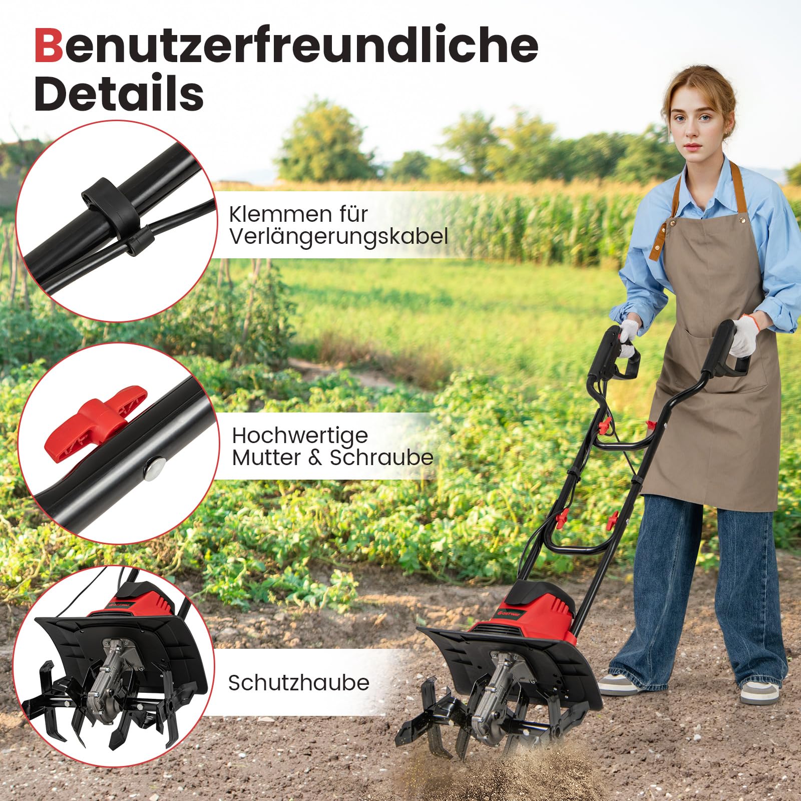 COSTWAY Motorhacke elektrisch, 1200W | Arbeitsbreite 36 cm | Arbeitstiefe 22 cm | 380 U/min, Elektro Bodenhacke mit Schutzschalter & Handgriff, klappbarer Gartenfräse (36,5 x 24 x 138 cm,Rot)