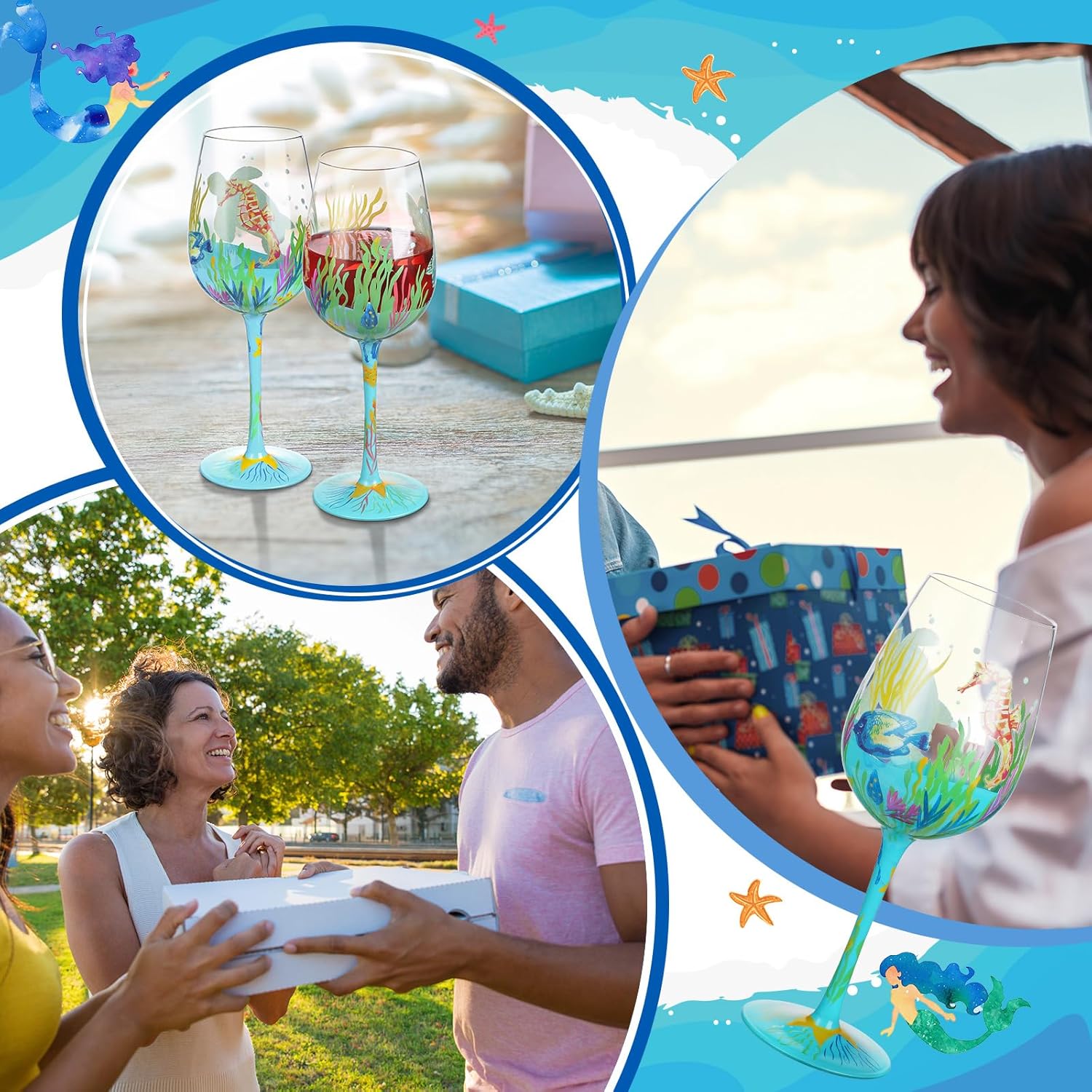 4 Pcs Sea Animal Hand Painted Wine Glasses Ocean Turtles Stemmed Wine Glasses Seahorses Seaweed Fish Decorative Drinking Cup Summer Ocean Gifts for Women Men Birthday Party Supplies - Image 6