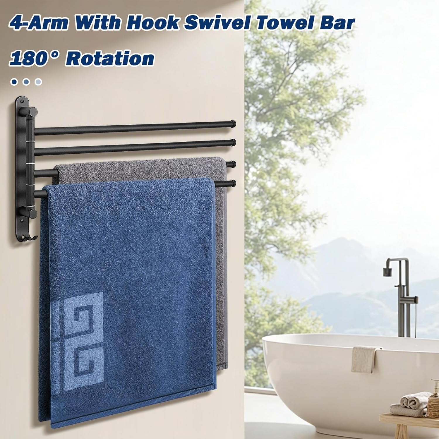 NearMoon Swivel Towel Rack, 19.5" Thicken 304 Stainless Steel 4-Arm Towel Bar, Space Saving Wall Mounted Towel Holder with Hook, Rustproof Swing Out Towel Hanger for Bathroom, Kitchen (Matte Black)