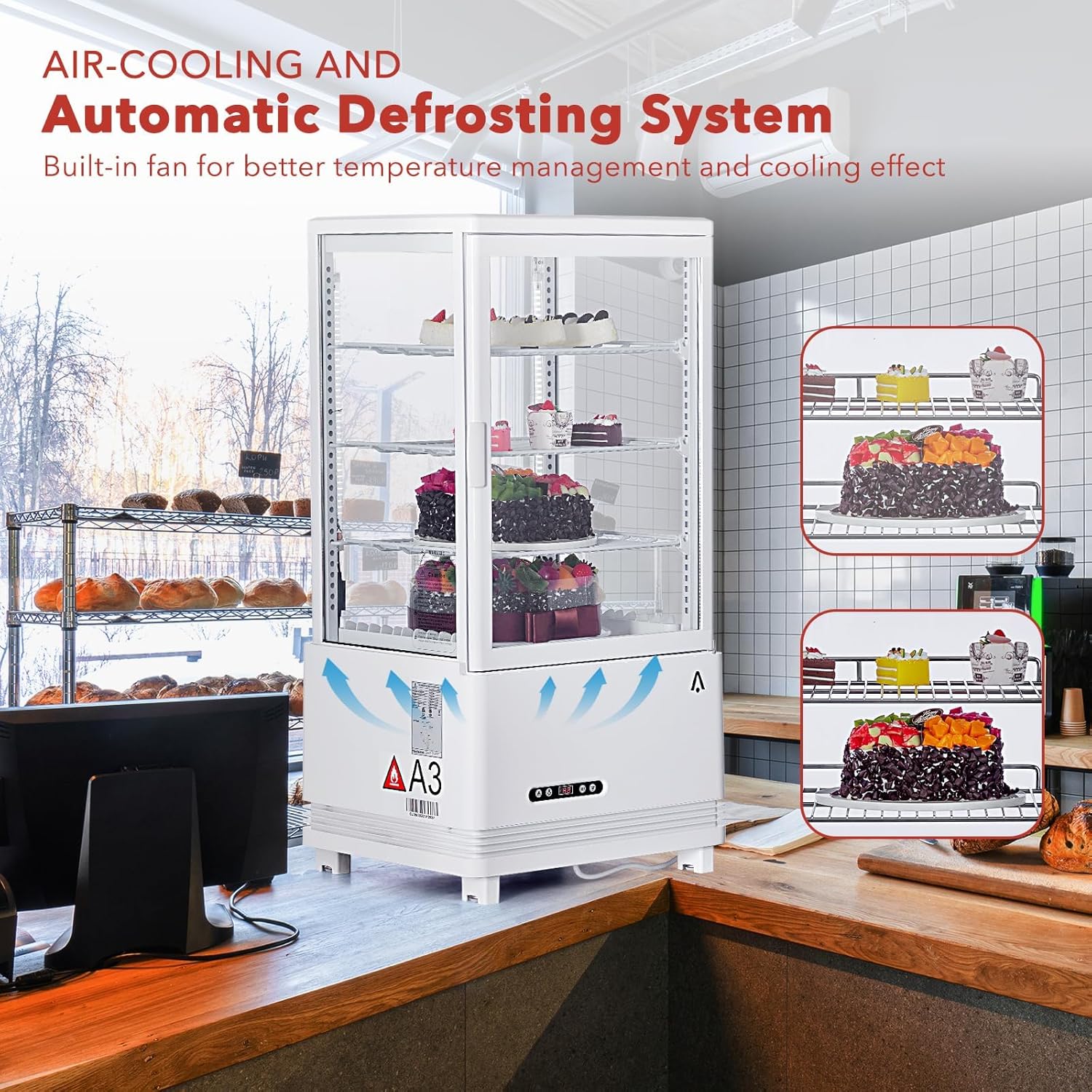 GAOMON Countertop Refrigerator 2.4 Cu.Ft. Bakery Display Case with LED Lighting, Fast Cooling, Rear Sliding Door, Pastry Showcase for Bakery, Cafe, Restaurant, White Commercial Fridge