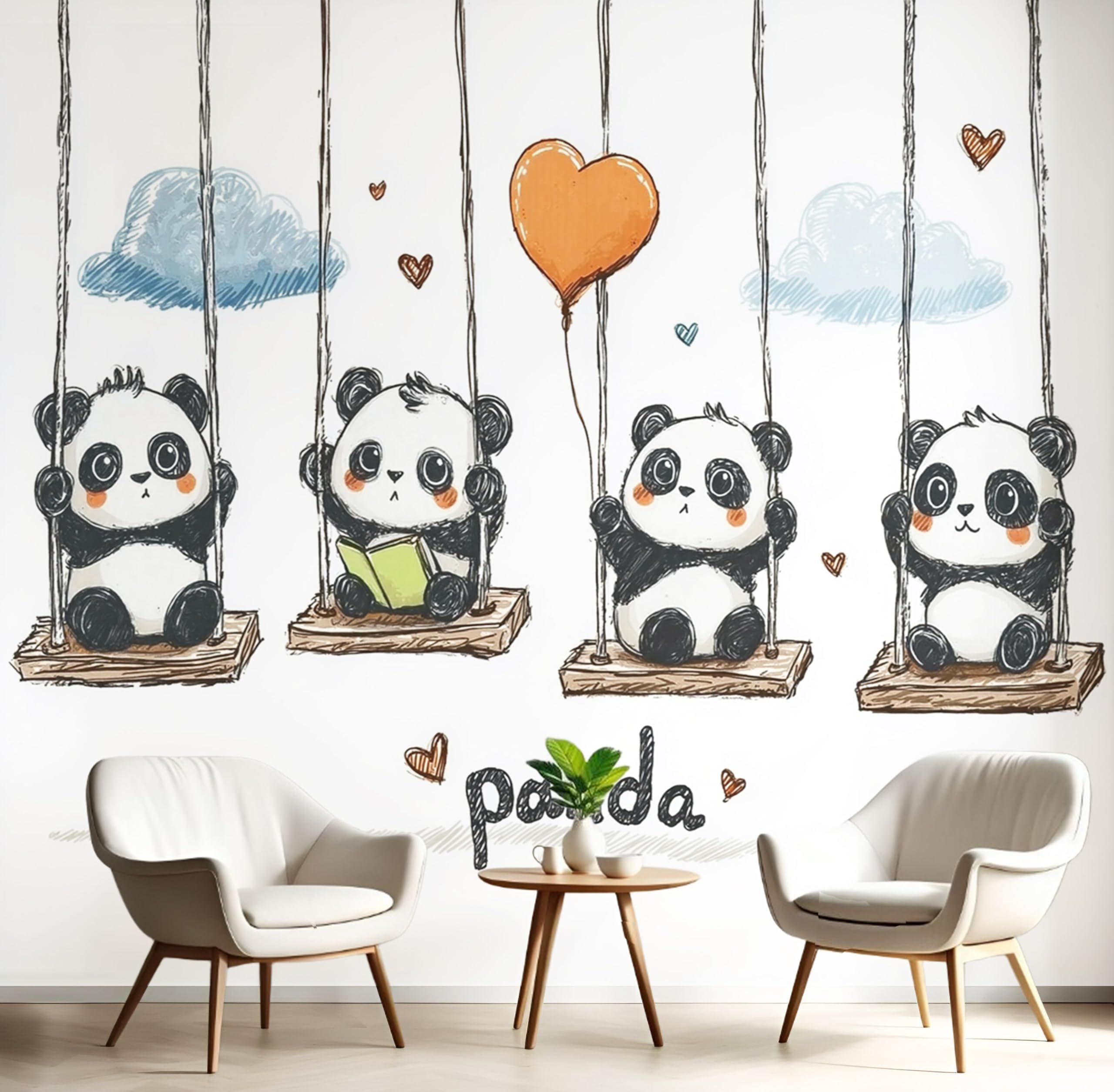 Papel pintado infantil de oso panda mural de pared blanco y negro dormitorio 200x140