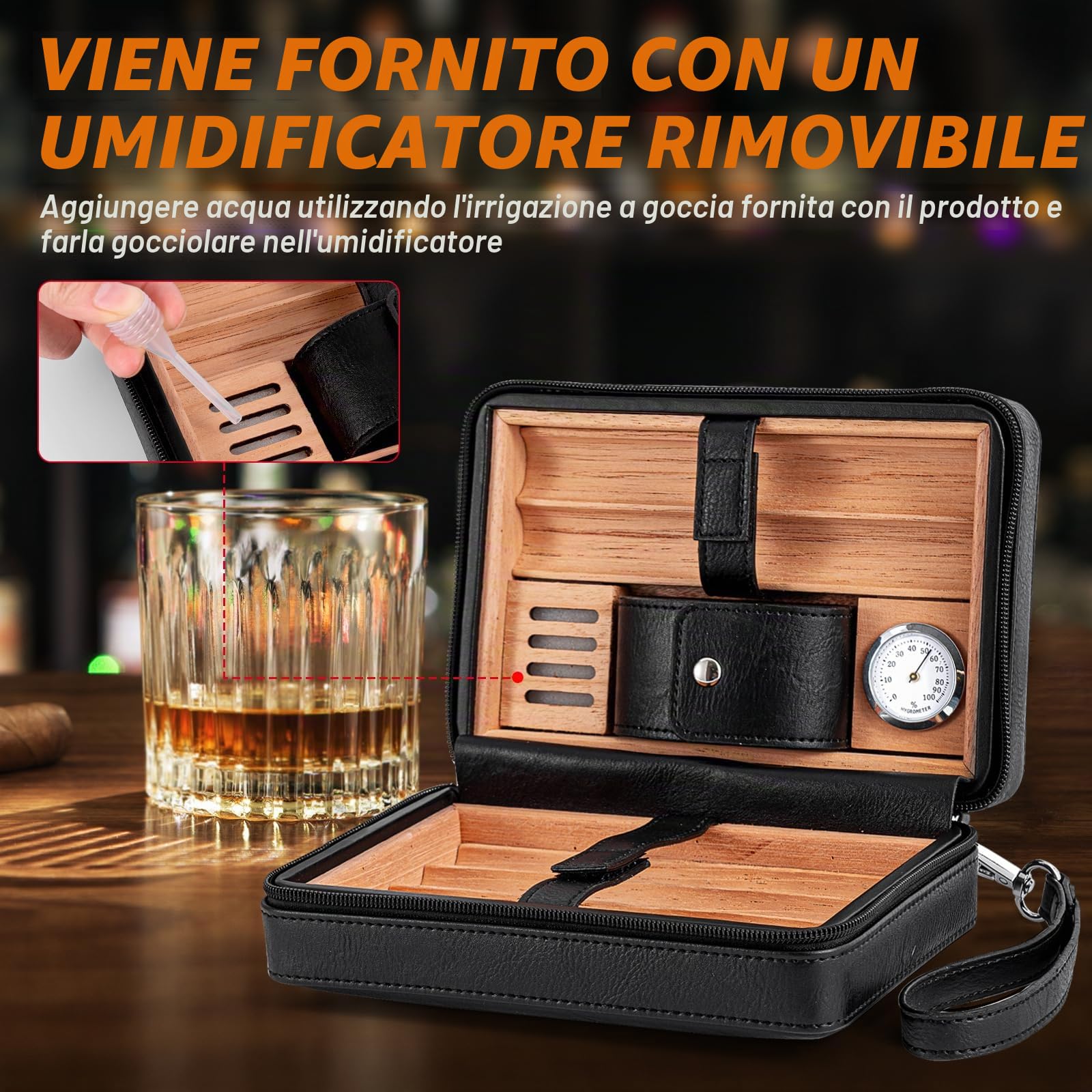 Umidificatore in pelle di cedro, capacità: 6 pezzi, custodia portatile da viaggio con umidificatore (nero)