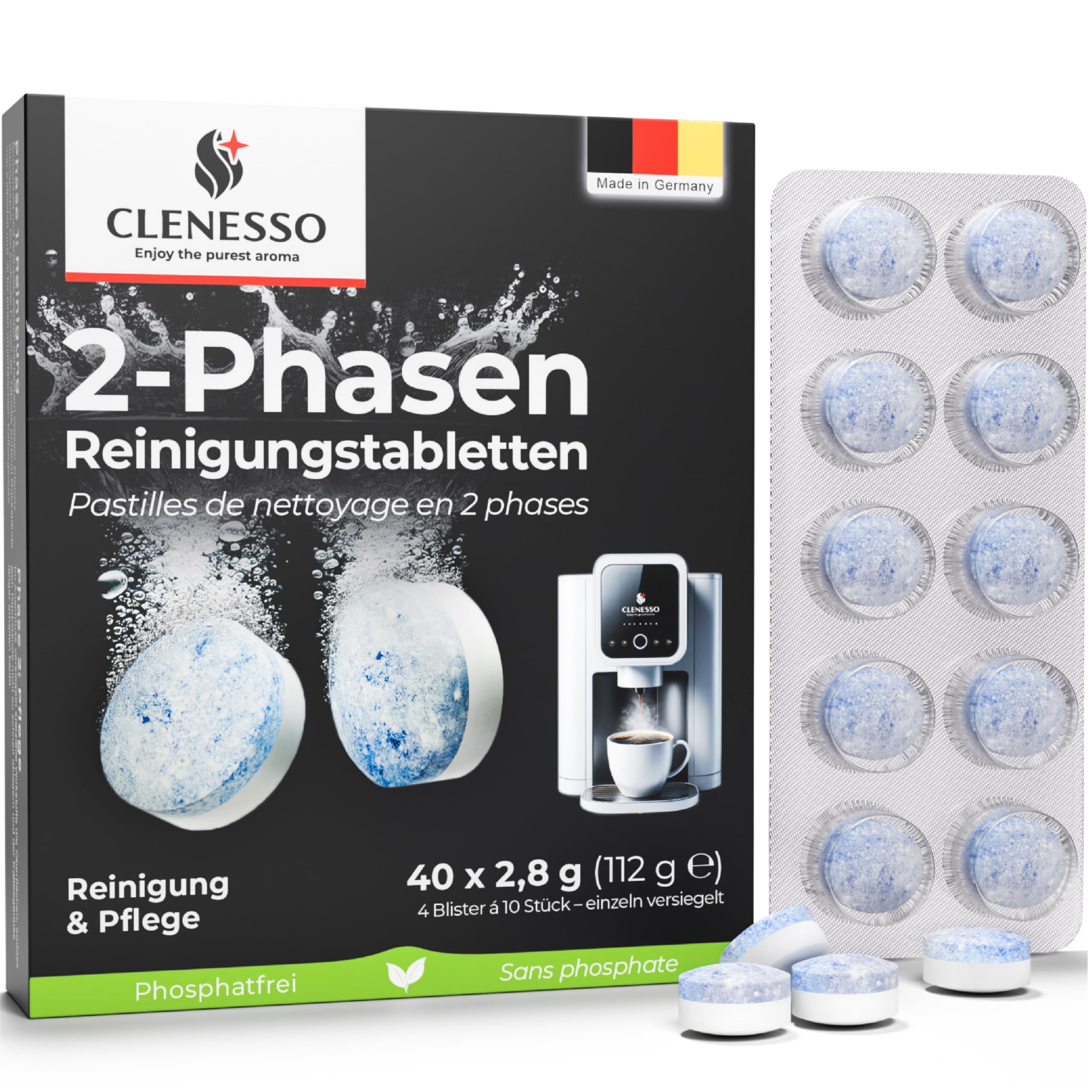 2-Phases Pastille nettoyage machine a cafe (40 unités) – nettoyage compatibles avec Jura, Tassimo, Phillips, etc. – détartrant pour un nettoyage et un entretien optimaux