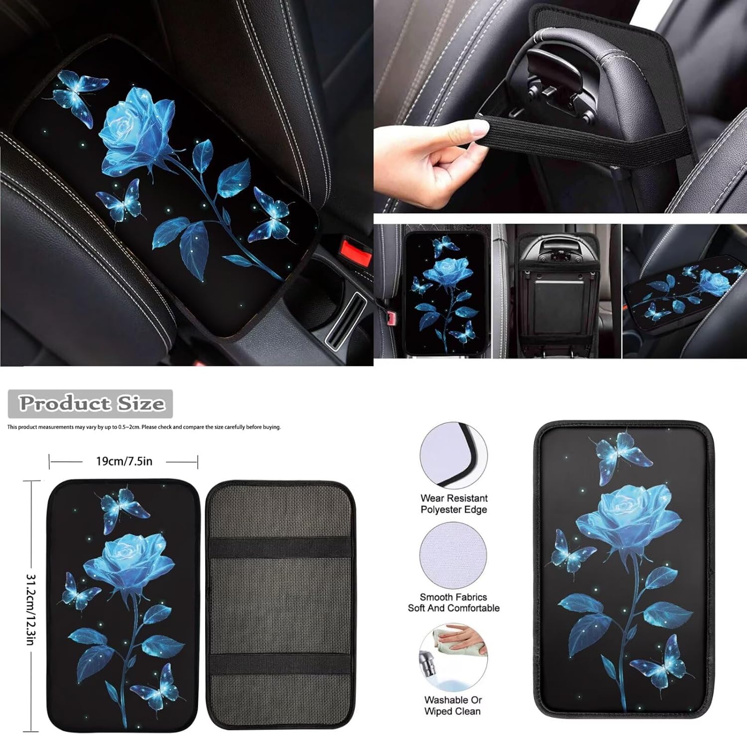 Blue Rose Butterfly Print Car Seat Covers Full Set for Women with Steering Wheel Cover/Armrest Cover/Seatbelt Covers/Coasters/Keychains/Lip Holder