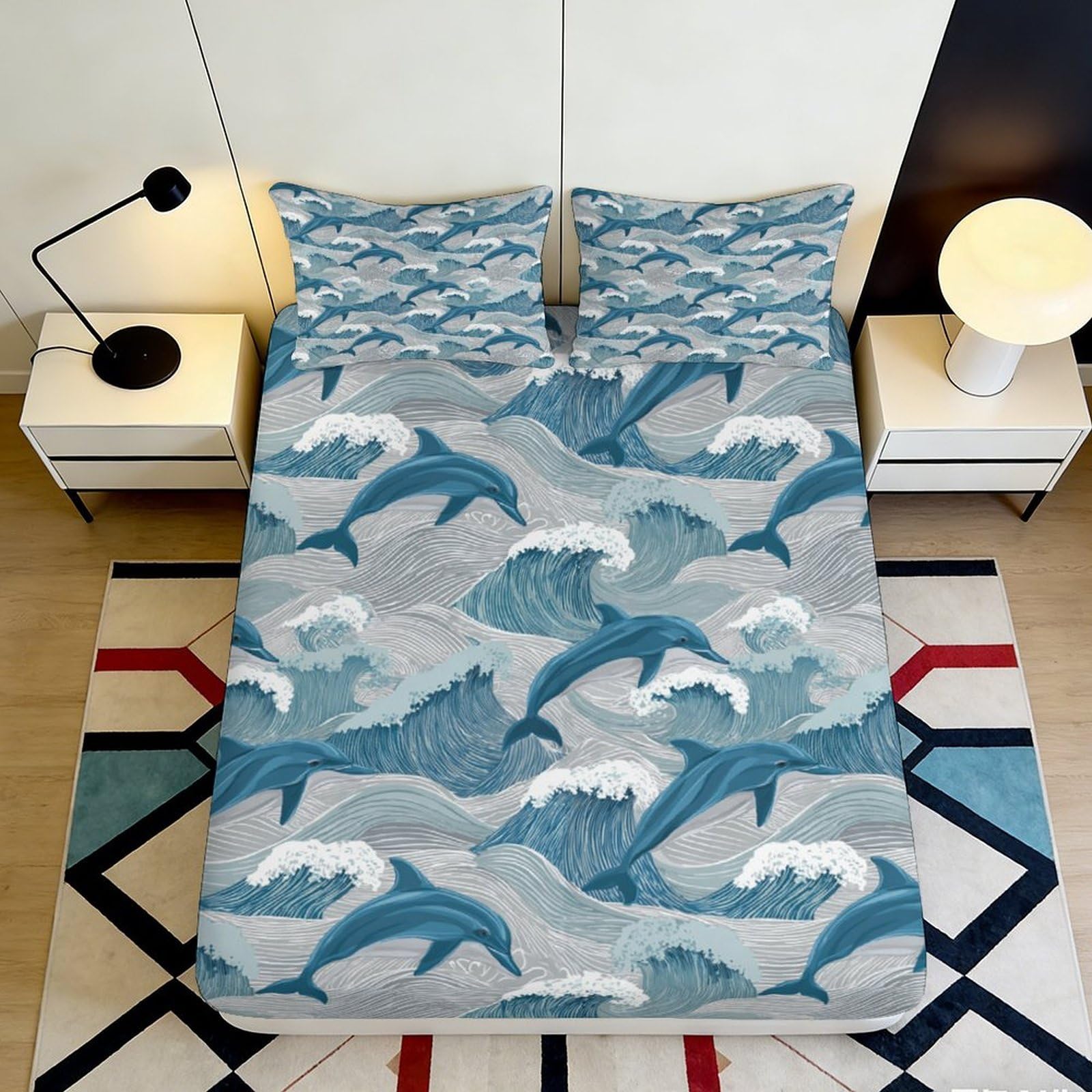 3D Printed Ocean Wave Dolphin Fitted Sheet Microfiber Soft Bedroom Decor Mattress Cover Anti-Slip Machine Washable 90x200x25cm