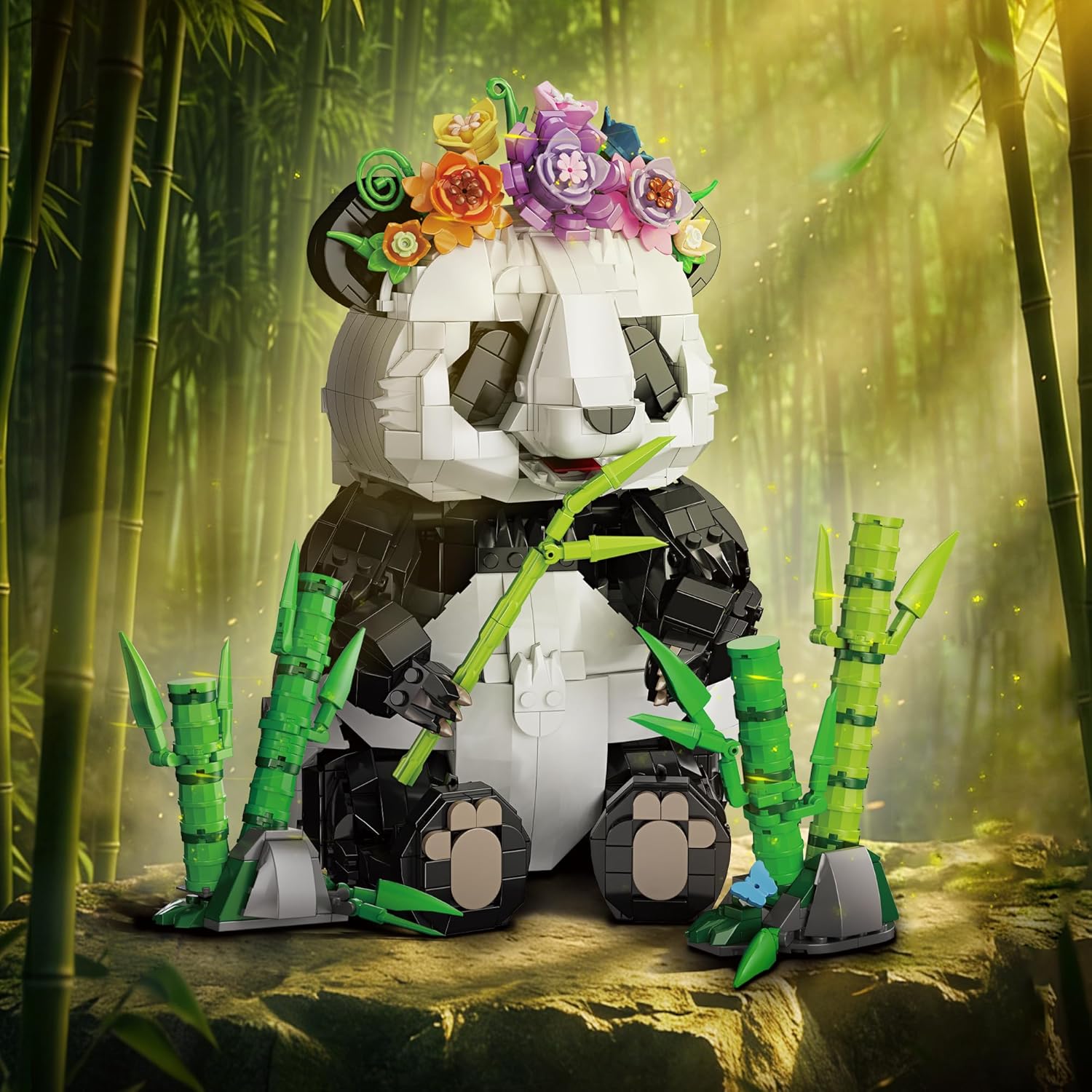 ZONECYTD Panda Building Set with Flowers & Bamboo for Adults, Compatible with Lego Wild Animals Movable Arms and Head Collectible Model Home Decor Gift for Teens Boy Girl