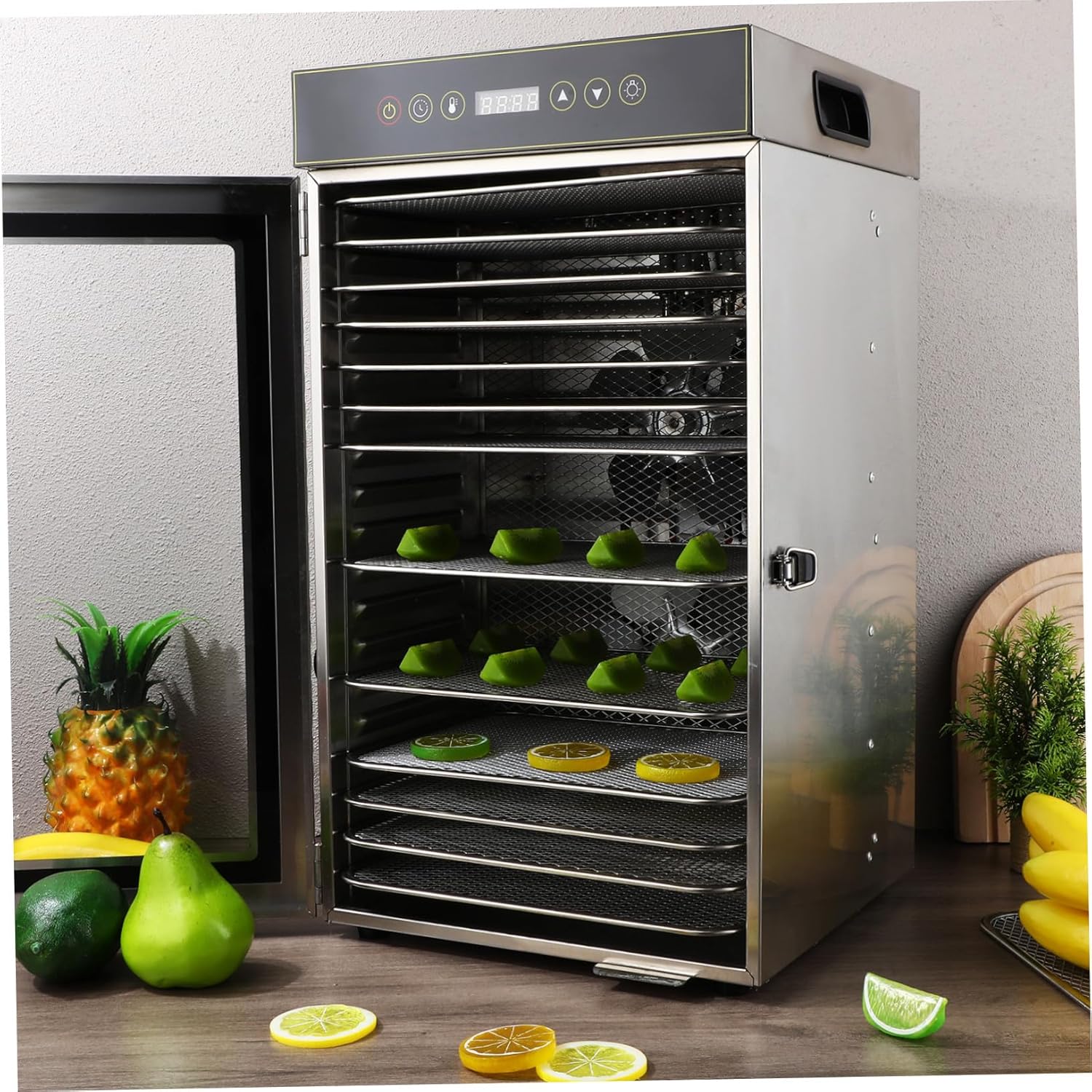 Large Food Dehydrator Machine Stainless Steel Trays Electric Multifunctional Food Air Dryer for Meat Jerky Fruit Dog Treats Temperature Control with US Plug Space-saving Design