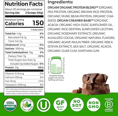 Miniatura 2 de Orgain Proteína en polvo orgánica a base de plantas, dulce de azúcar cremoso de chocolate - 21 g de proteína, vegano, bajo en carbohidratos netos,