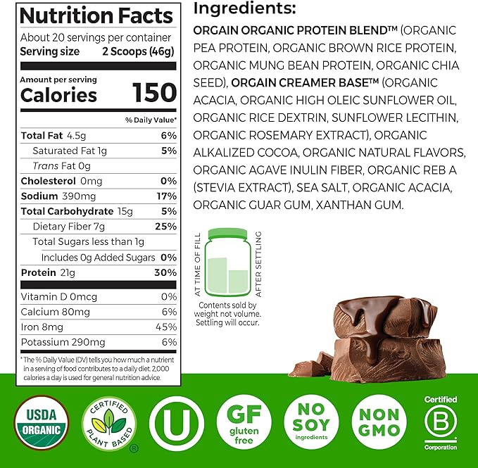 Orgain Organic Plant Protein mixed drink, creamy texture, chocolate flavor