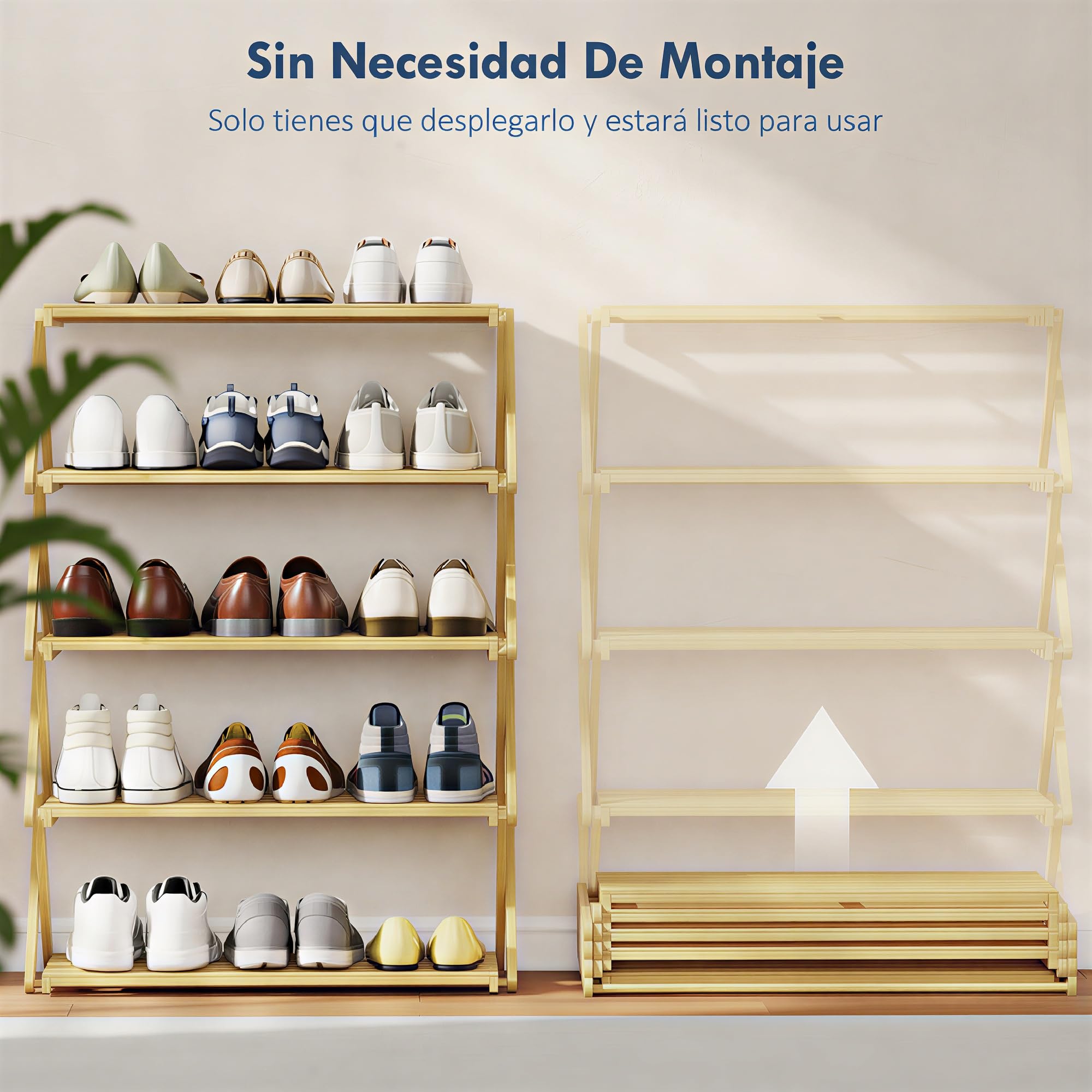 HOMCOM Zapatero Estrecho de Bambú, 5 Niveles, Sin Instalación, Natural | Zapatero Vertical Plegable, Estantería para Zapatos, Entrada, Pasillo, Dormitorio