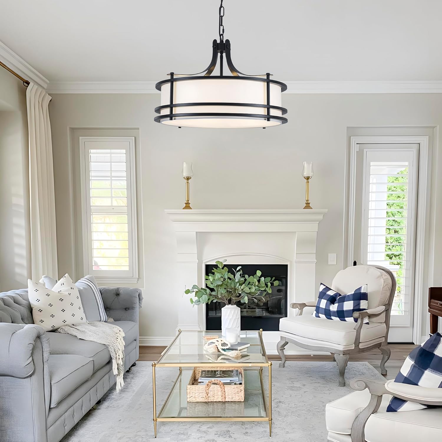 20" Black Drum Chandelier, Modern White Fabric Chandeliers, 5-Light Adjustable Large Drum Pendant Light Fixtures for Dining Room, Kitchen Island Living Room Foyer Bedroom