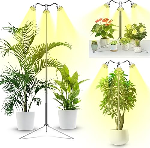 Full Spectrum Grow Lights for Indoor Plants 15-62 Inches Height Adjustable Aluminum Alloy Plant Growing Lamps with Detachable Tripod Stand, Auto On/Off Timer (Full Spectrum, Three Heads)(Full Spectrum,Three Heads)