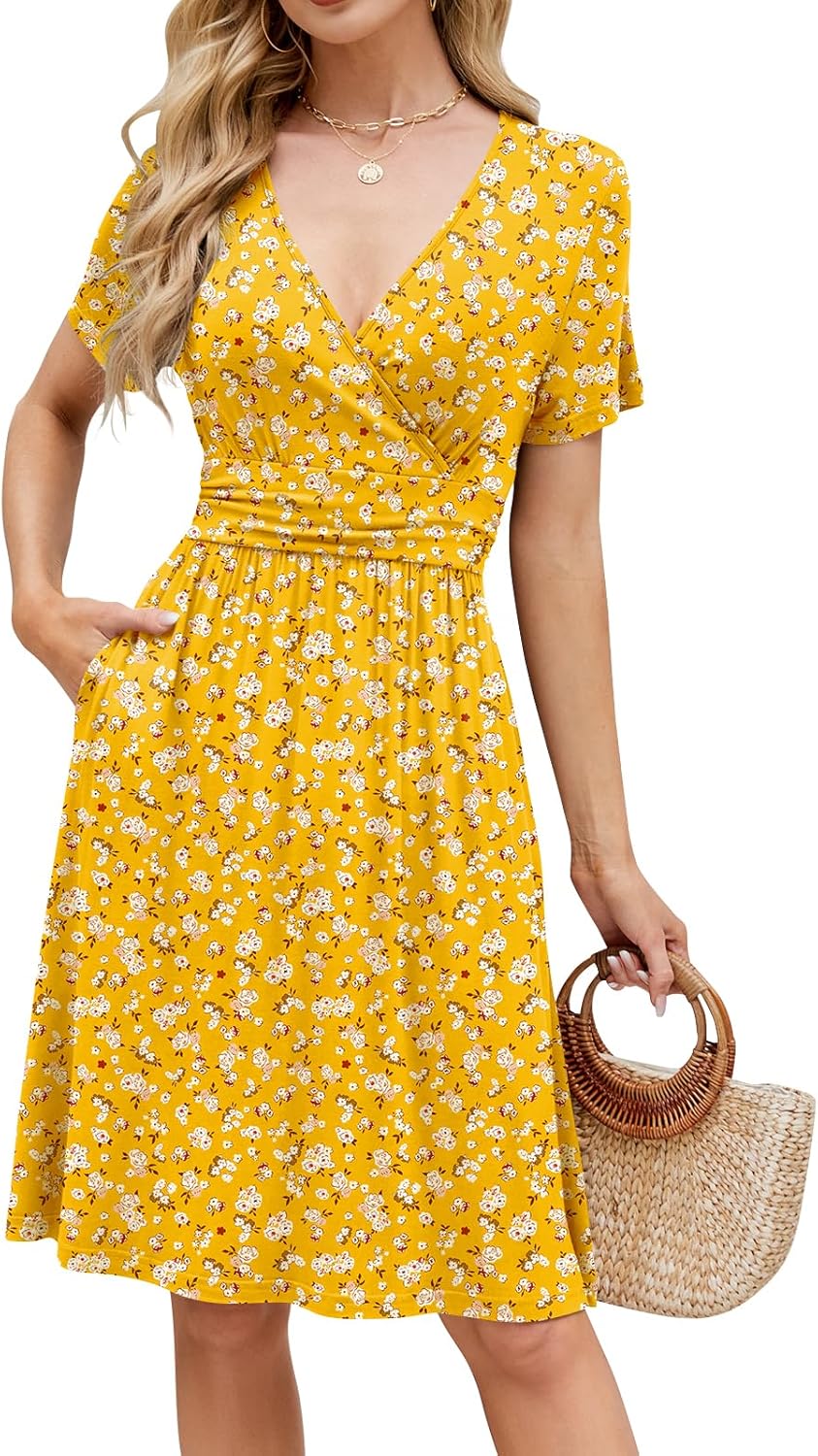 Naggoo Womens Summer Dresses for Women 2026 Spring Floral Short Sundress Short Sleeve Wrap V Neck Casual Dress with Pockets