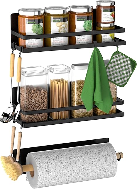 SANNO Refrigerator Magnetic Spice Rack Seasoning Organizers Spice Stand with 8 Removable Hooks, Refrigerator Jar Holder Utensils Towel Shelf Fridge Side Shelf for Kitchen,Metal Cabinet