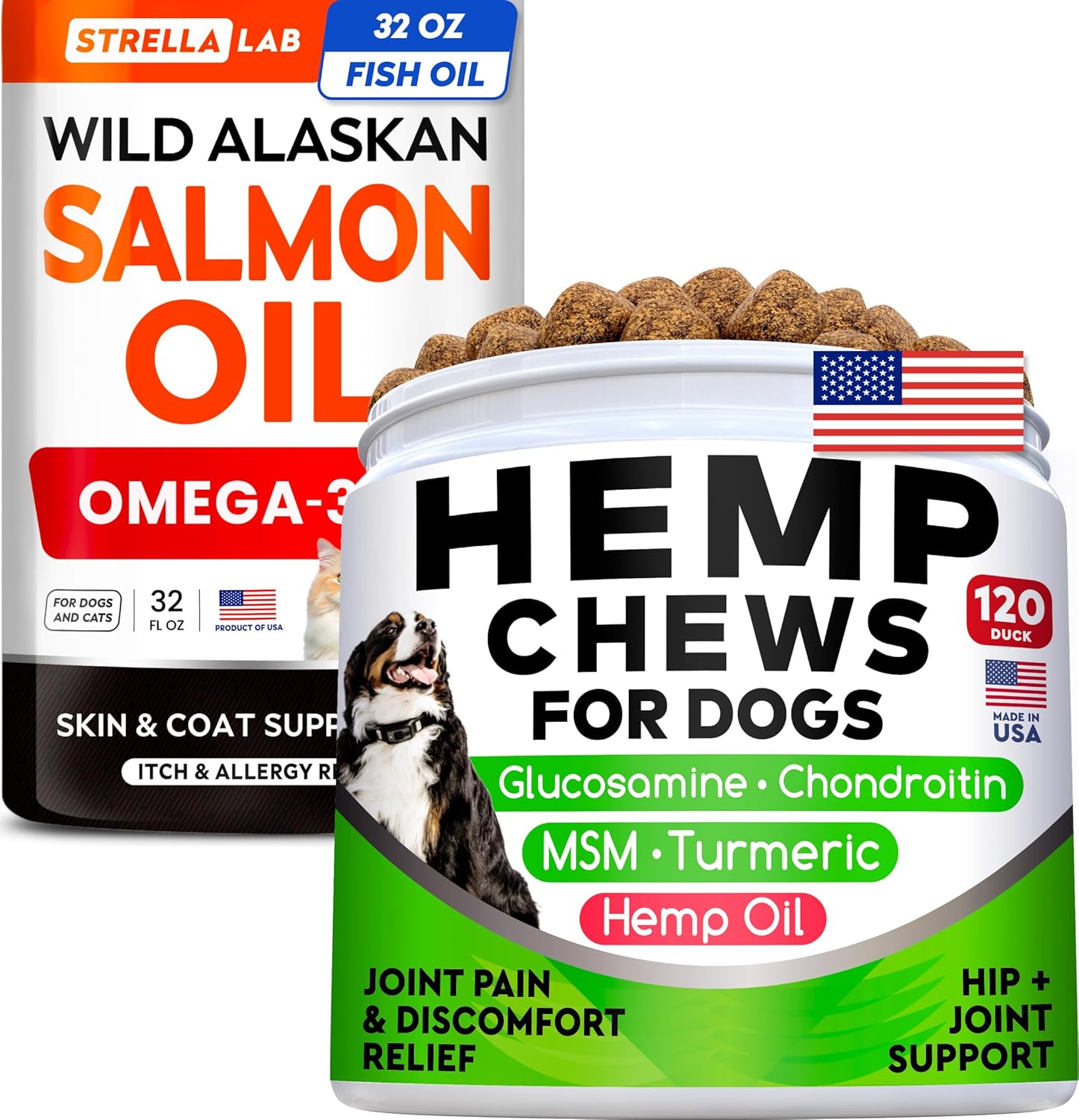 StrellaLab Wild Alaskan Salmon Oil & Hemp Joint Chews Bundle – Natural Omega 3 for Skin, Coat & Allergy Relief + Glucosamine, Hemp, MSM&Turmeric for Hip & Joint Pain&Mobility – 32 Fl Oz + Soft Chews