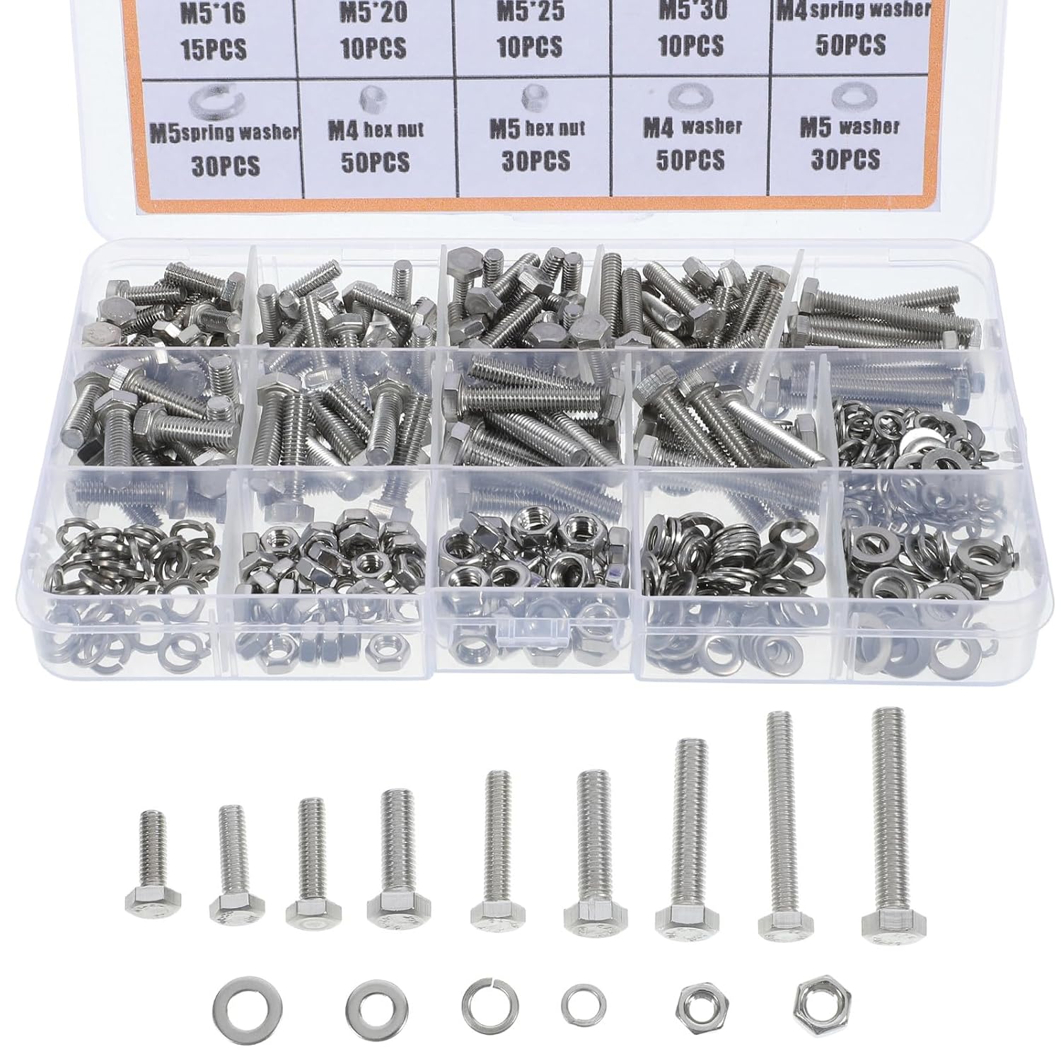 Kichvoe 375pcs 304 Stainless Steel Hex Head Bolt and Nut Assortment Kit with Flat Washers, Metric Machine Screw Set for Automotive and Industrial Use