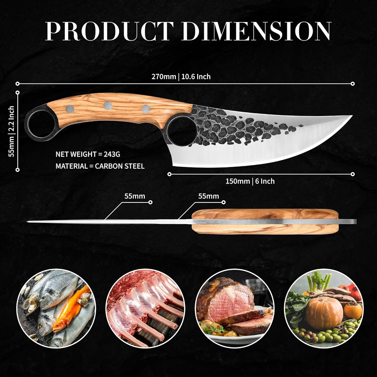 ZhengSheng Chef Knife, Great Kitchen Knife with Leather Sheath Olive Wooden Handle Japanese Style Forged Viking knives for Home Cooking, Camping, BBQ