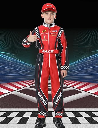 Race Car Driver Costume Boys Racer Jumpsuit With Car Cap Kids Dress Up for Halloween