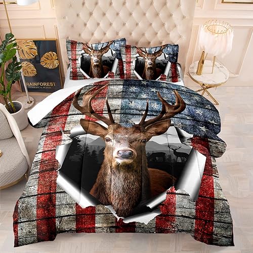 Miniatura 2 de Juego de ropa de cama 3D con bandera estadounidense y alce para niños, ultra suave para todas las estaciones, juego de edredón con temática de