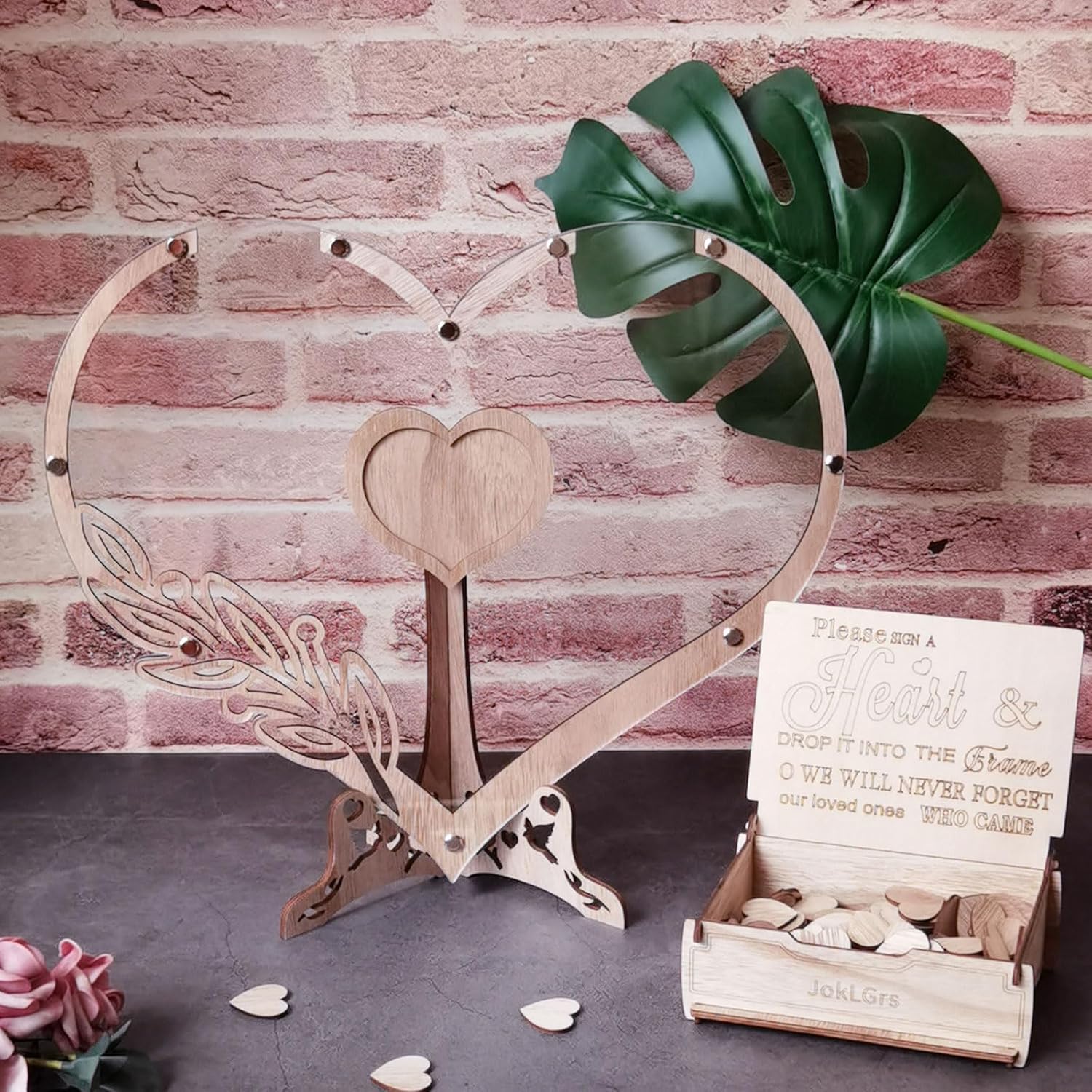 Heart Wedding Guest Book Alternative, Acrylic Guest Book Wedding Reception with 100pcs Wooden Hearts and Drop Box, Rustic Wood Wedding Sign Decor for Reception and Ceremony Party