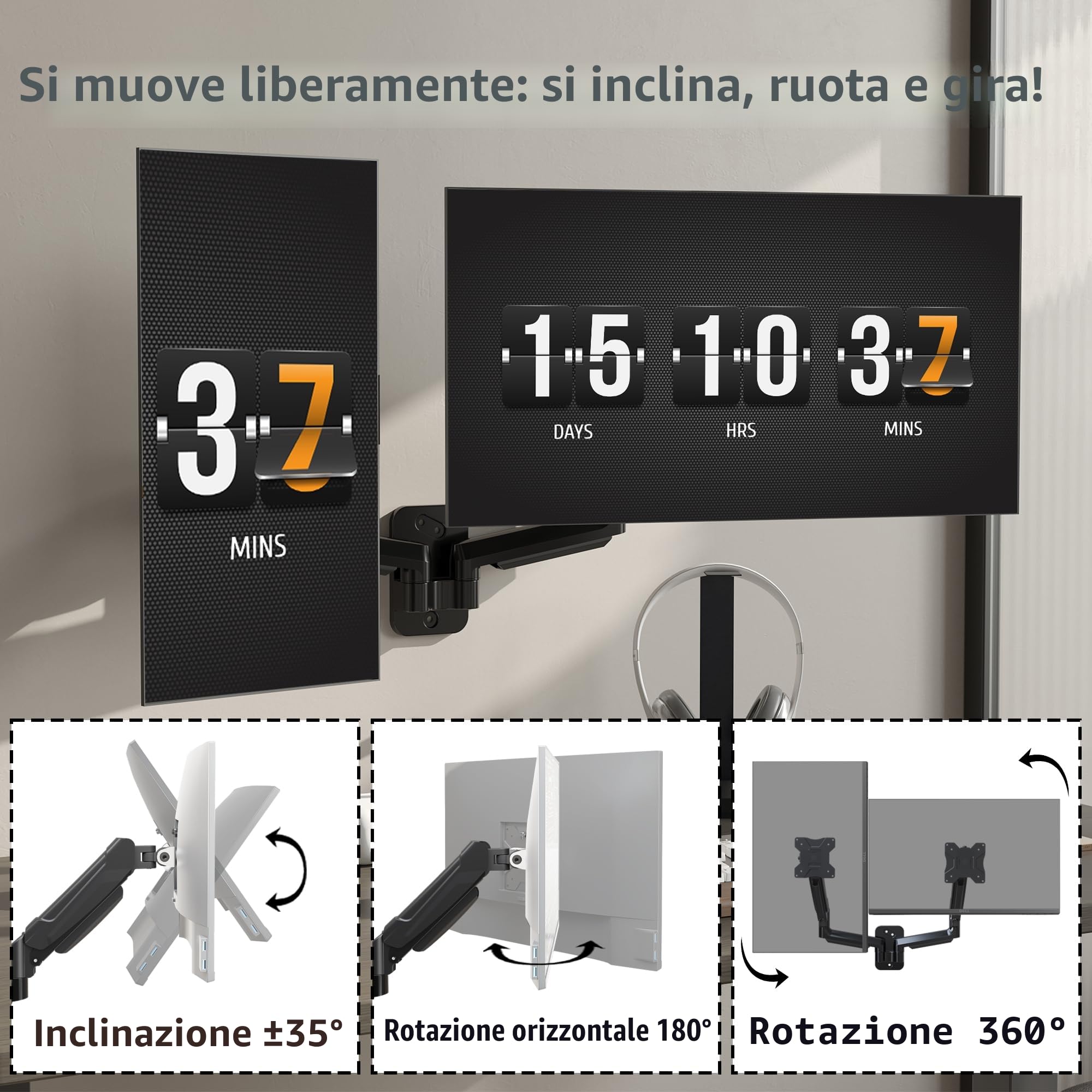 BONTEC Braccio Monitor Doppio 13-32", Braccio a Molla a Gas Regolabile in Altezza, Inclinazione, Rotazione, Supporta fino a 9KG, VESA 75x75, 100x100 mm