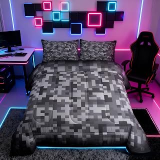 Castle Fairy Grey Pixel Grid Comforter Set Twin Size,Miner Video Games Bedding Sets 2Pcs for Kids Girls Boys Women Room Decor,Abstract Camouflage Quilted Duvet Grid Down Comforter,1 Pillowcase