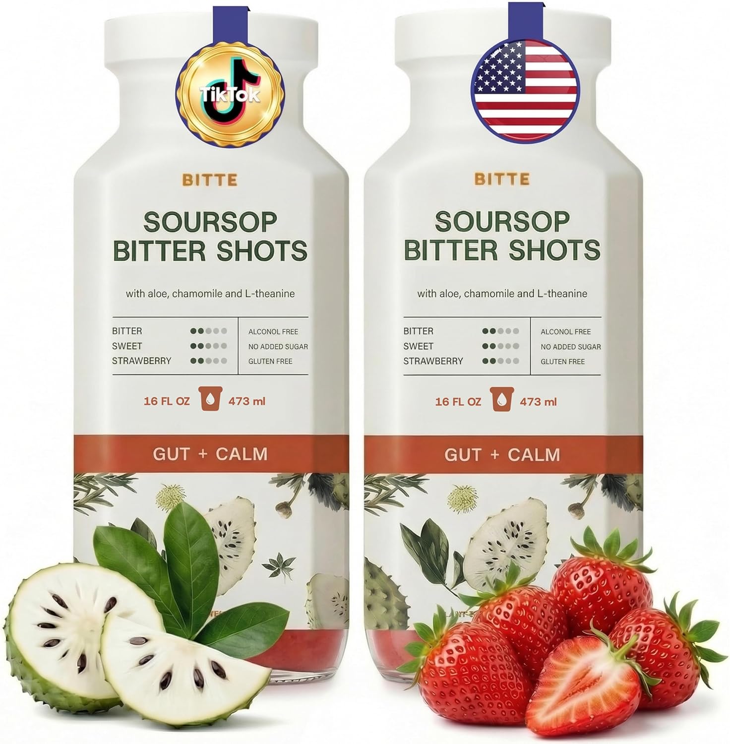 bitte Soursop Bitters – Gut and Calm Strawberry Soursop Herbal Shot 2 Pack - Ready to Drink Digestive Support Blend with Ginger Dandelion and Aloe - Vegan Alcohol Free - 2 x 16 Fl Oz Bottles