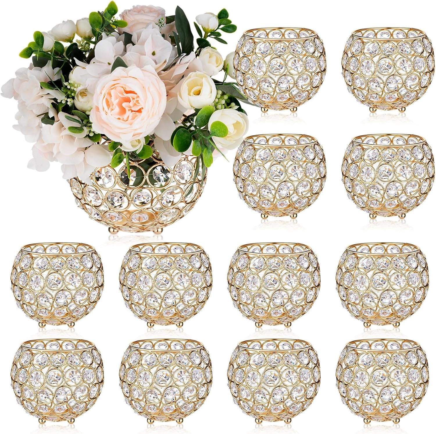 MI Handicraft 12 peças de castiçal de cristais, castiçal votivo, castiçal, Vaso de Flores Redondo, Vaso de Vela de Metal brilhante, Vaso de candelabro para centros de mesa,