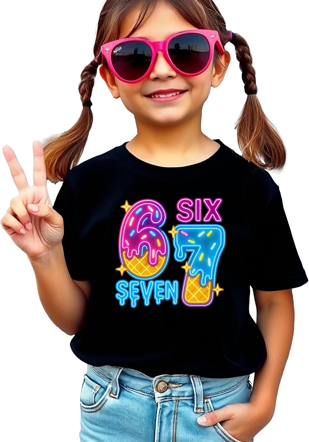 Olive Loves Apple 6 7 Neon Frosted Donut Shirt for Girls Cute Trendy Six Seven Pink & Blue Ice Cream Tee for Kids