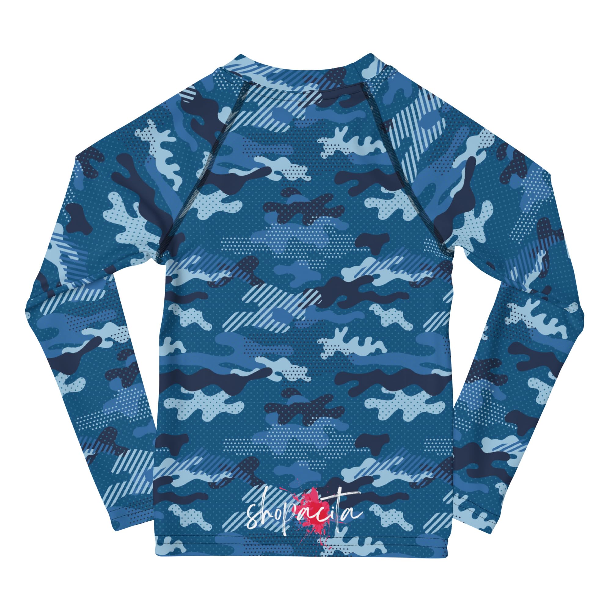 Rashguard Kinder Jungen, Langarm, Badeshirt, Schwimmshirt, Sonnenschutz, Badebekleidung, Schnelltrocknend, UPF 50+, Rash Top mit Print, Rash Guard Shirt, UV Shutz, Blue Camouflage, 92-128 cm