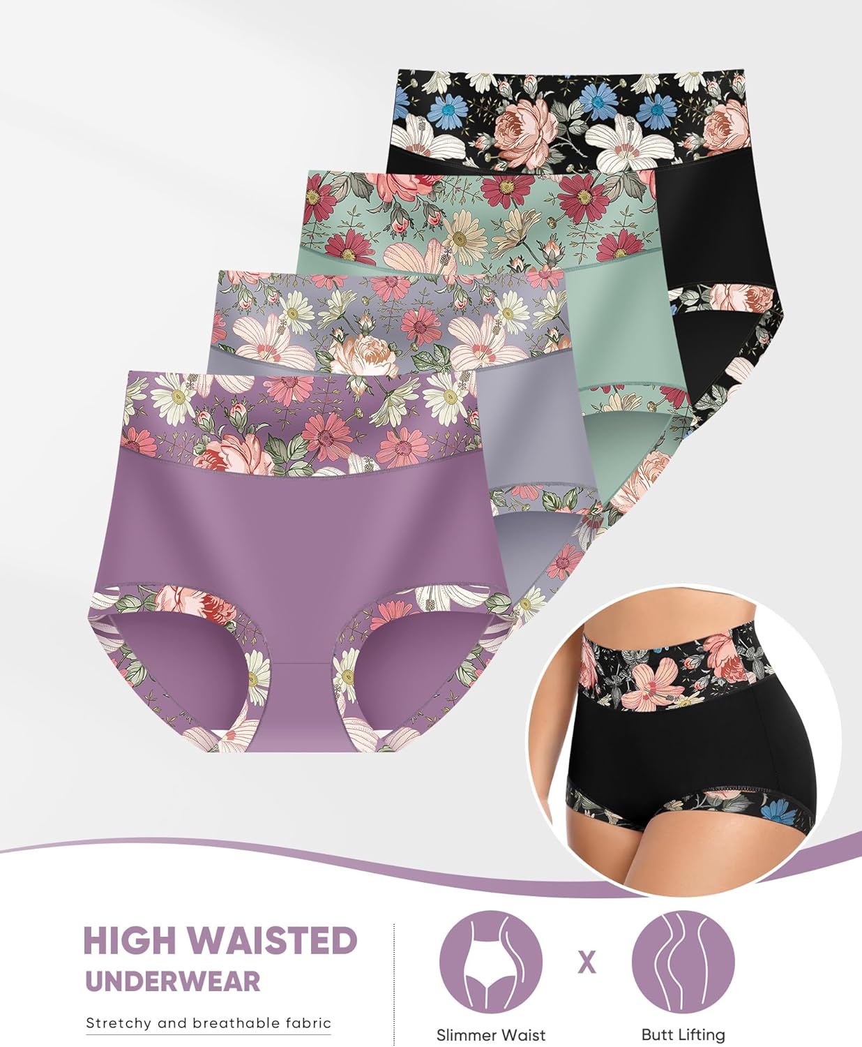 Women's Underwear Mid Waisted Panties Breathable Full Coverage Printed Comfortable ladies Floral 4 Pack S-XXL - Image 5