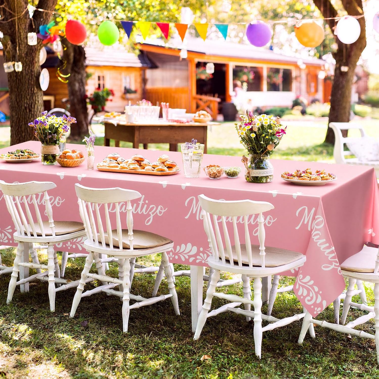 Leinuosen 4 Pack Pink Mi Bautizo Decoration Tablecloth 108 x 54 Pink Baptism Decorations God Bless First Holy Communion Table Cover Party Supplies Christening Mi Bautizo Decorations for Girl Church