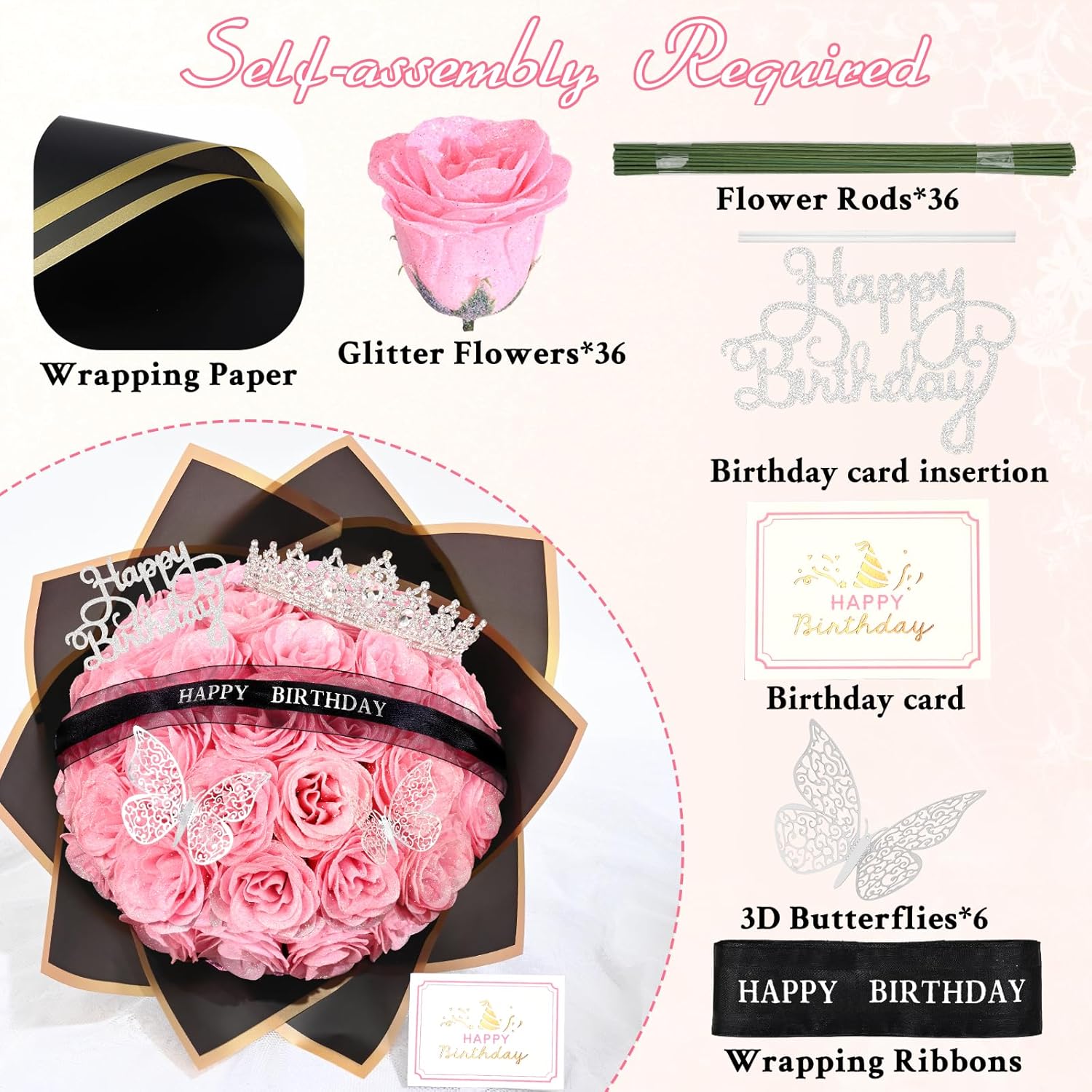 Waipfaru Glitter Roses Bouquet,Birthday Gifts for Women Mom,DIY Fake Flowers Bouquet with Birthday Stand-Up Signs,36 Pink Rose for Grandma Wife Friends - Image 5