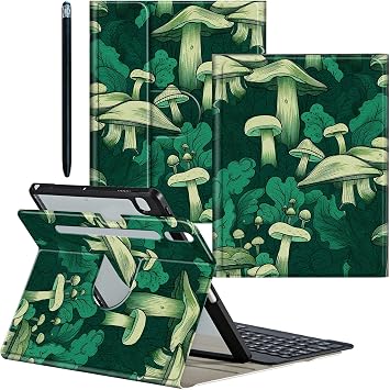 Galaxy Tab S9 Plus/S9 FE Plus Case Detachable Wireless Keyboard & 360 Rotating Stand PU Leather Cover with Pen Holder Protective Case for Galaxy S9 FE Plus 12.4 inch - Green Mushrooms