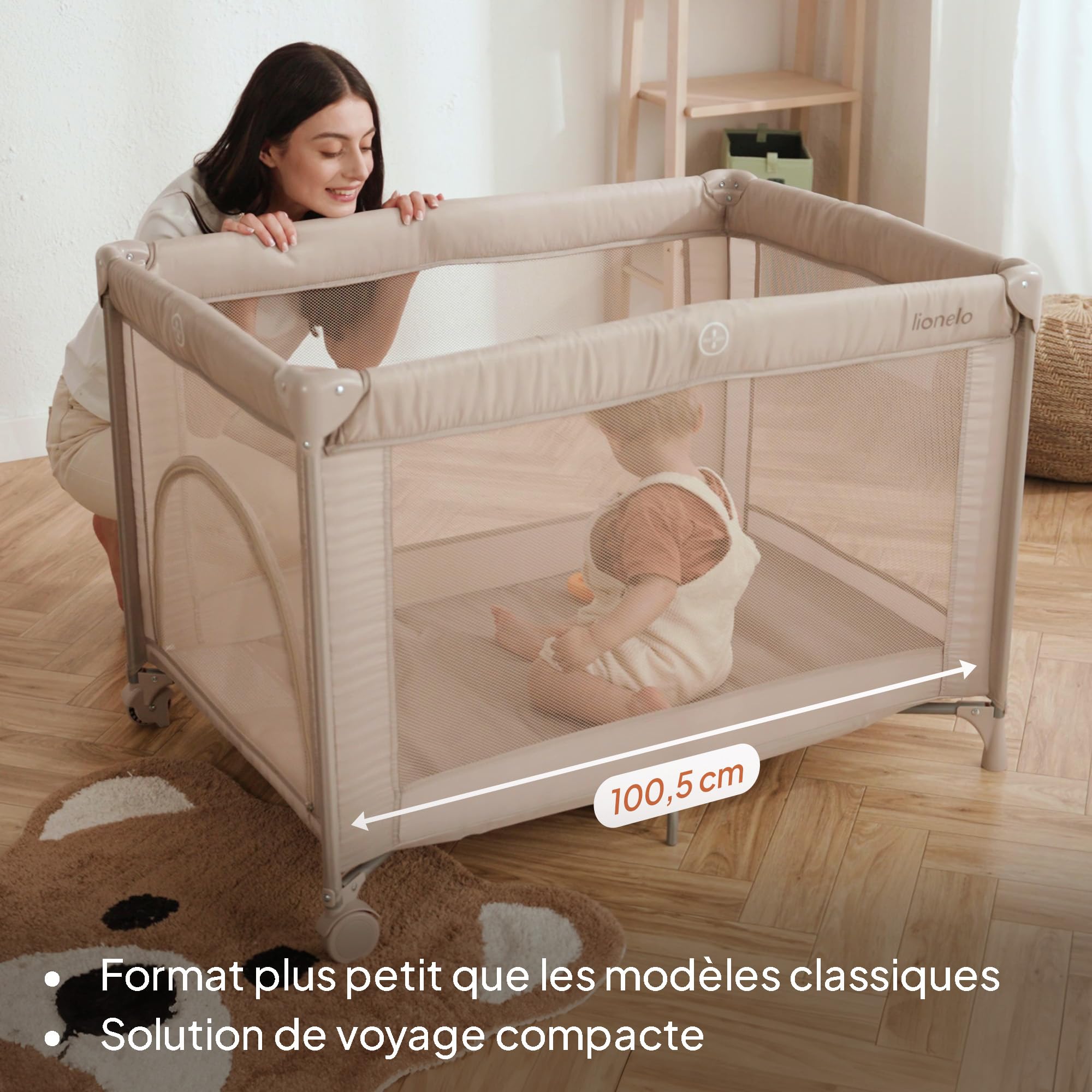 Lionelo Lit de Voyage pour Bébé Amelie de la Naissance à 15 kg, Petit, Pliable, Matelas Pliable Moelleux, 100,5x70,5 cm, 2 Roues, Entrée Latérale, Sac de Transport (Black) | Matelas pliable souple, 100,5 x 70,5 cm, 2 roues, entrée latérale, sac de voyage