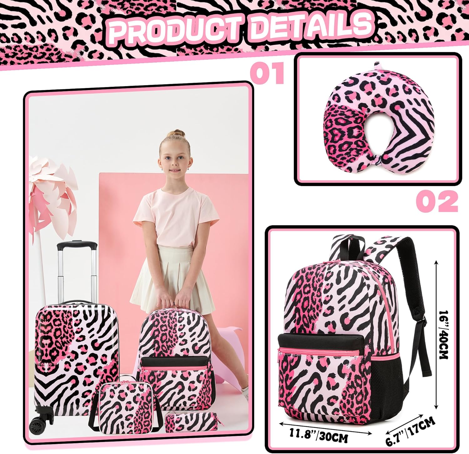 Kids Luggage with Spinner Wheels 5 Piece Carry on Suitcases for Girls Backpack with Lunch Box Pencil Case 16" Toddler Suitcase Set Airline Approved (Pink Leopard)