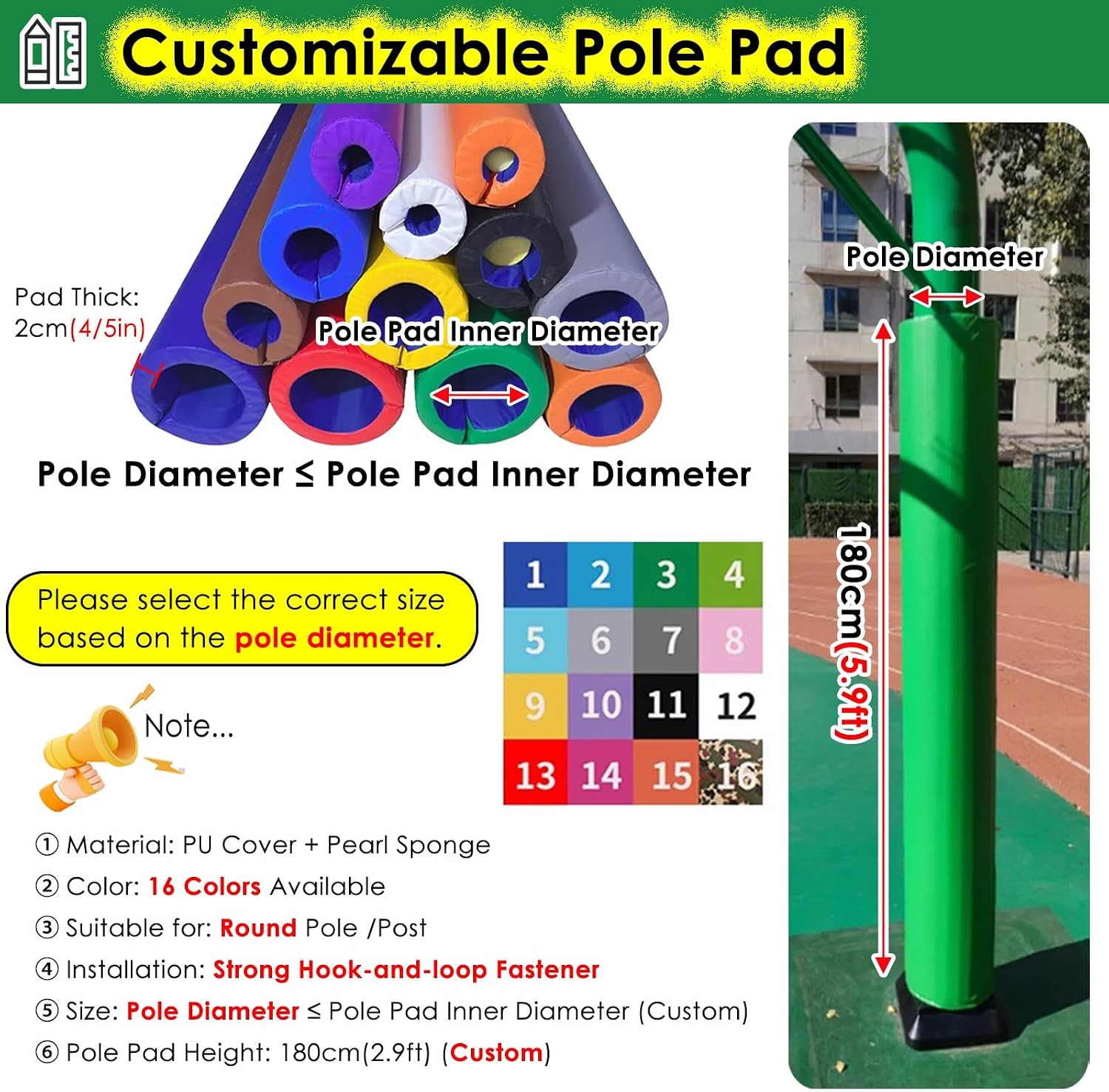 LZMZMQ Basketball Pole Padding Heavy Duty Safety Pad for 3"-8" Round Poles, Garage Pole Anti-Collision Pads, Playground Pillar Protection Mat, Waterproof & Removable
