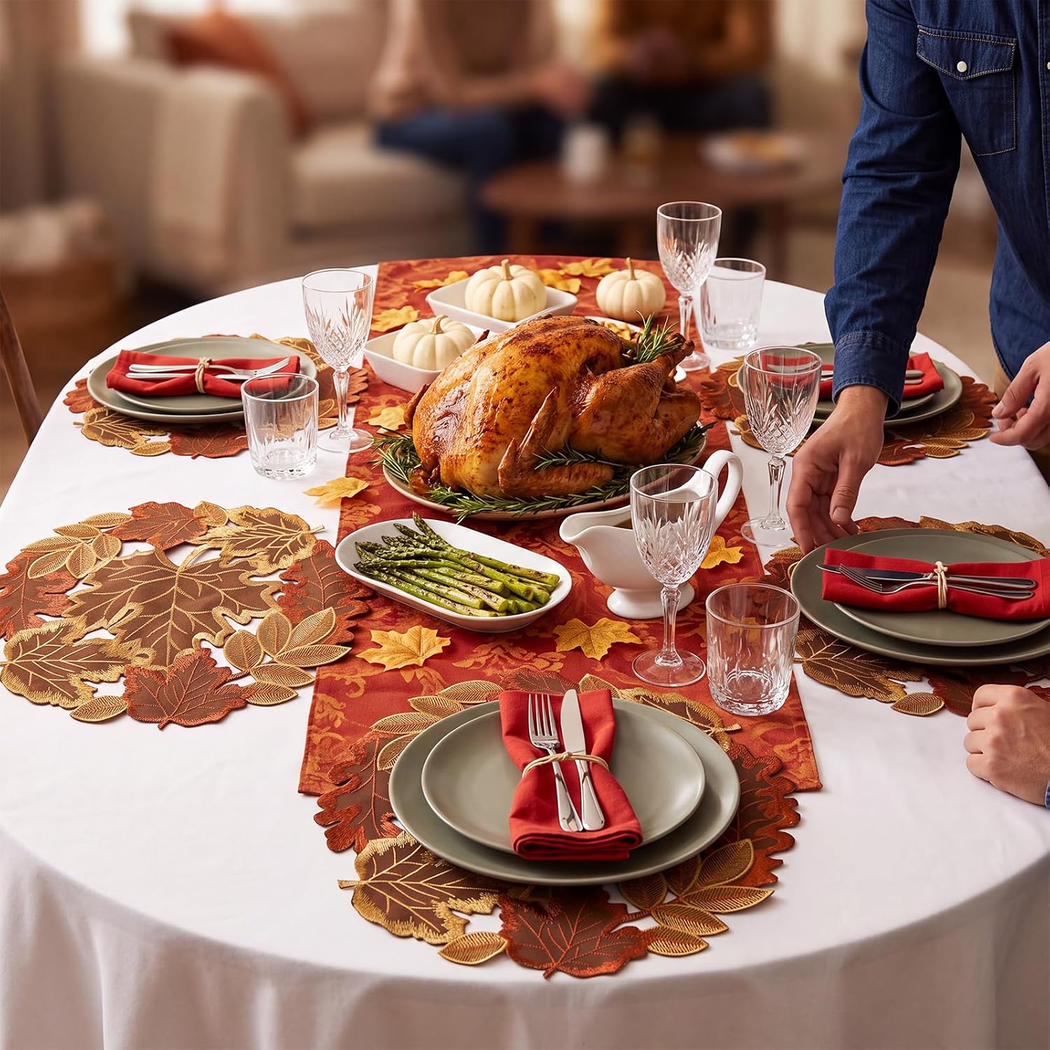 6 Pcs Fall Thanksgiving Placemats, Maple Leaves Embroidered Table Mats Bulk 14"x14" Autumn Leaf Round Double Layer Placemat Cutwork for Home Kitchen Holiday Harvest Dining Party Decor