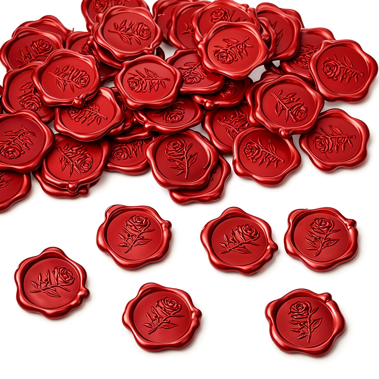 PEOVLVN 50 Pcs Wax Seal Stickers, Red Envelope Seal Sticker Adhesive Backed Wax Seals Elegant Floral Design Rose Stickers for Envelopes Wedding Invitation Christmas Cards Gift Wrapping