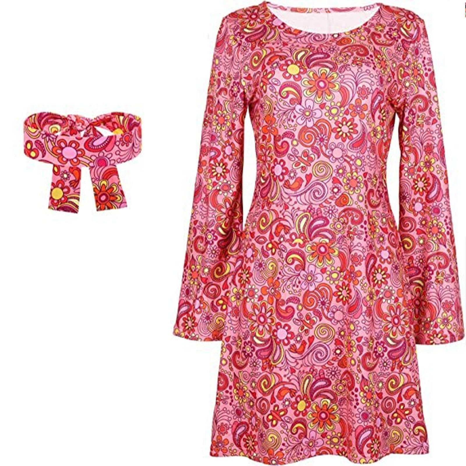 AMDOLE Hippie Costume Women Disco 60s 70s Fancy Dress Retro Party Outfit Dress Up Hippy Clothes Fancy Dress for Women Adult Ladies 1970s Hippie Costume Halloween Dresses Headband B-Hot Pink L โ image 1