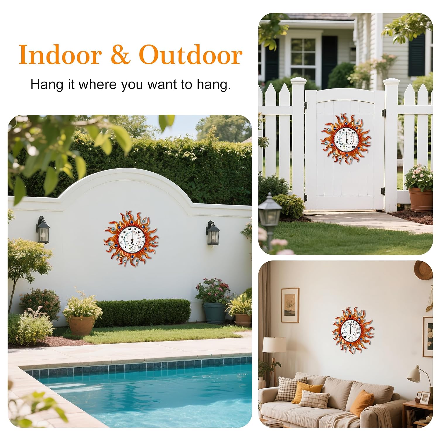Indoor Outdoor Thermometer, Sun Wall Mounted Thermometer Waterproof Decorative for Patio, Living Room, Garden Greenhouse, Wine Cellar, No Batteries Required