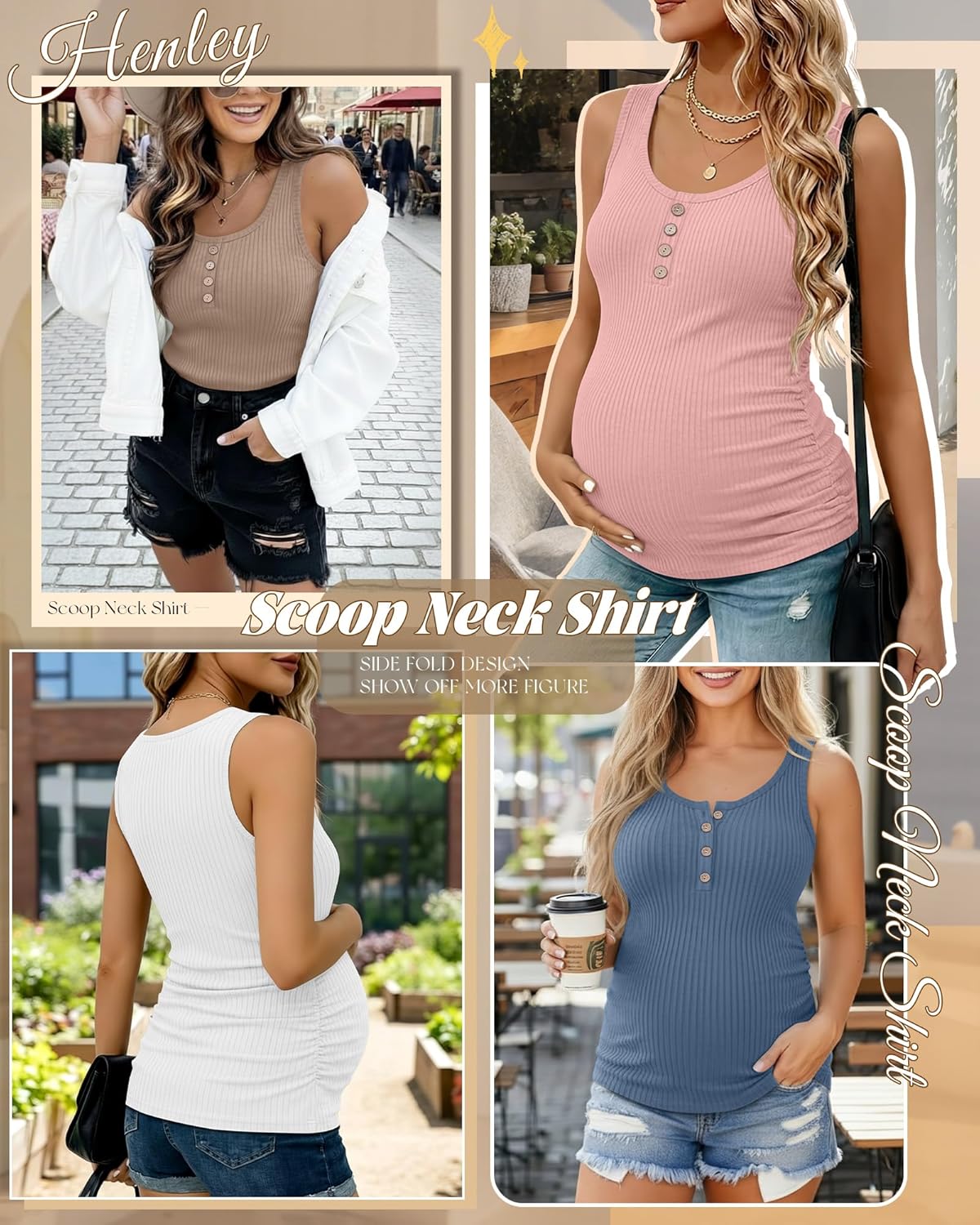 4 Pack Women's Maternity Tank Tops Henley Cotton Scoop Neck Shirt Ribbed Side Ruched Sleeveless Pregnancy Clothes - Image 2