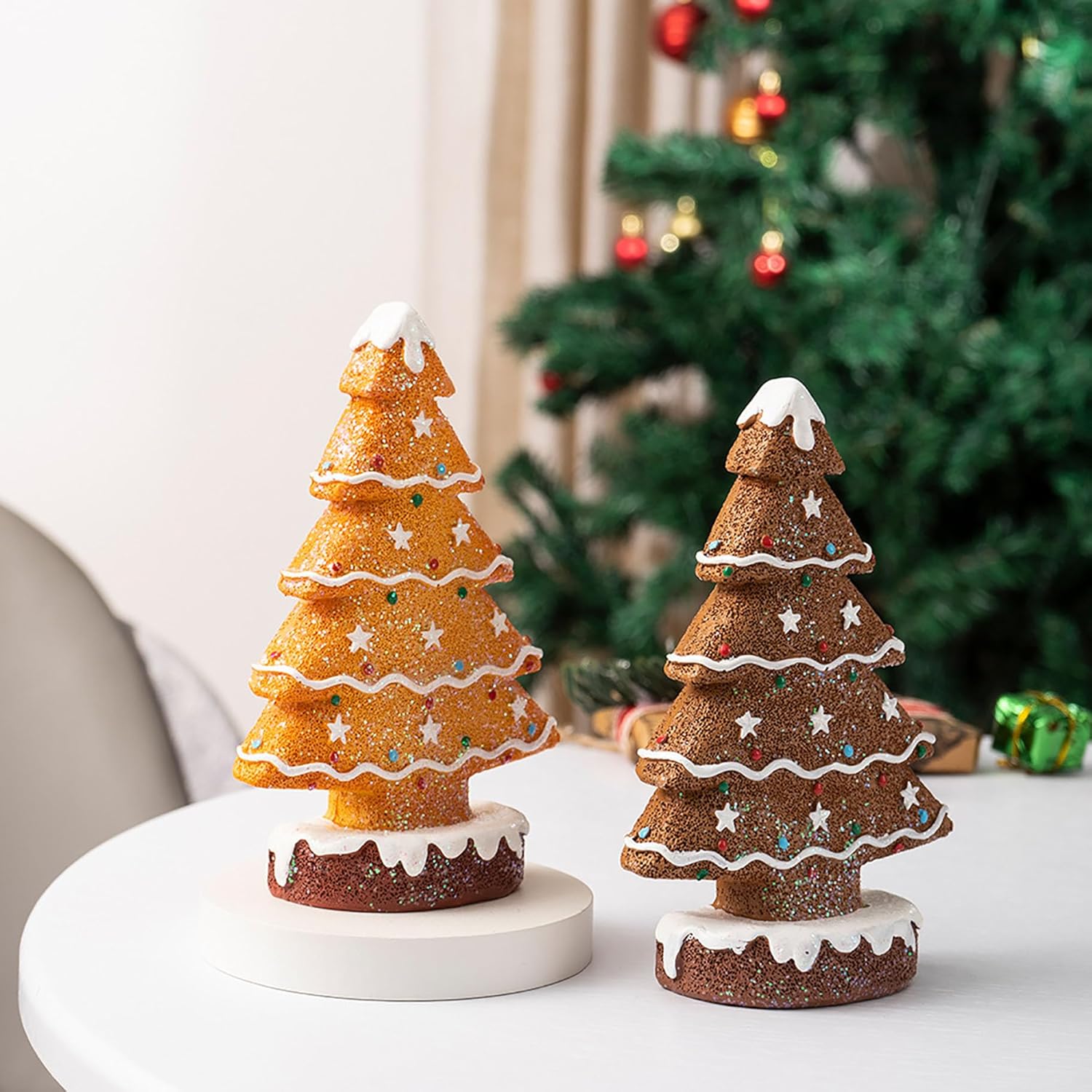 Gingerbread Christmas Tree Figurines Ornament, Resin Gingerbread Tree Decor Tabletop Centerpiece, Christmas Village Collection Accessories Desk Sculpture for Xmas Party Festival Gift (Set A, 2PCS)