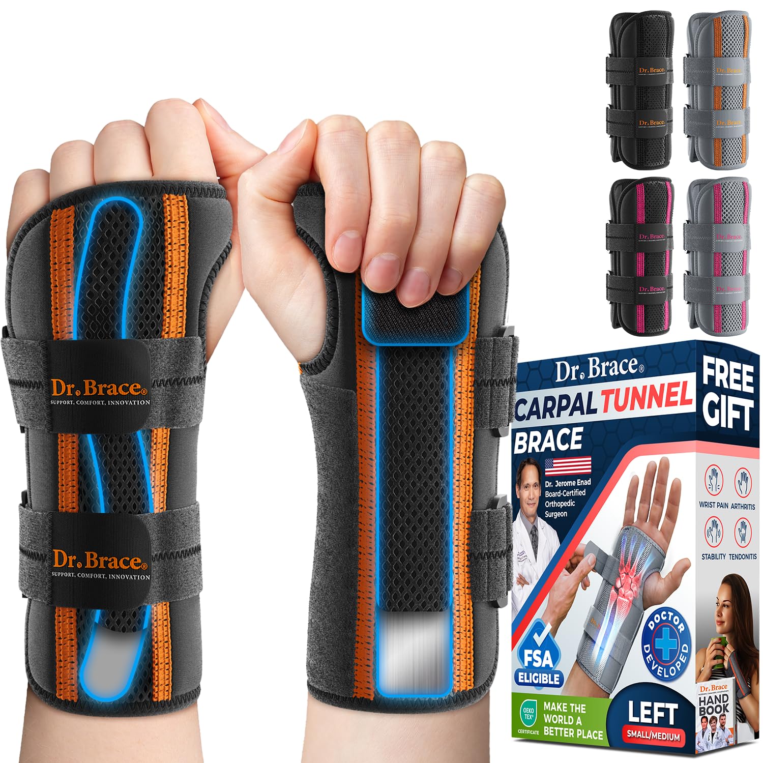 DR. BRACE Adjustable Wrist Brace Night Support for Carpal Tunnel, Doctor Developed, Upgraded with Double Splint & Therapeutic Cushion,Hand Brace for