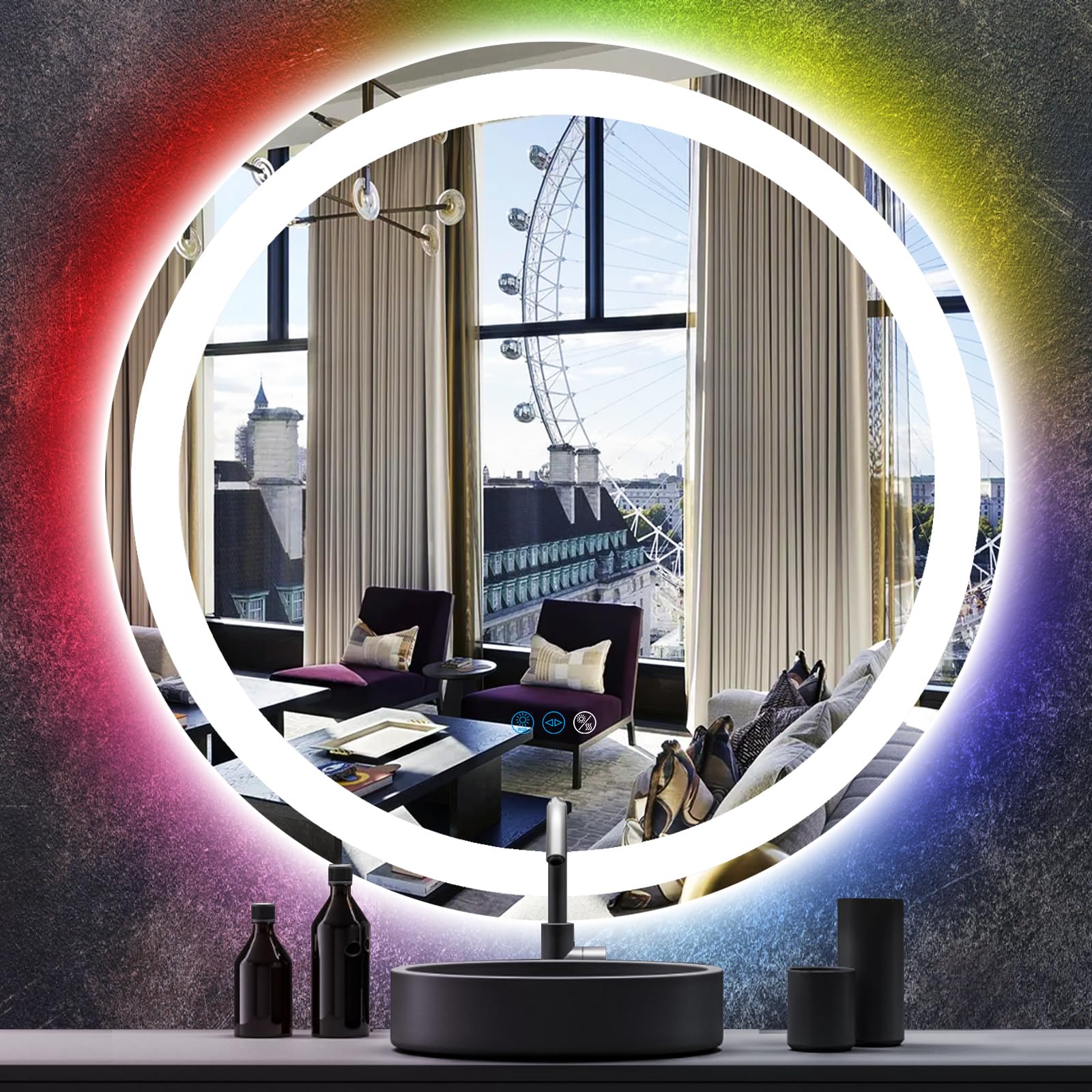 Miroir mural LED rond pour salle de bain ambiance spa arc-en-ciel RVB