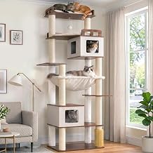 Gitelsnour Cat Tree, Wooden Multi-Level Tower for Large Audlt Cats GCT104EB | 76" Cat House Furniture with Big Hammock, 2 Condos,Wood Platforms with Safety Railing, Sisal Scratching Posts, Earth brown