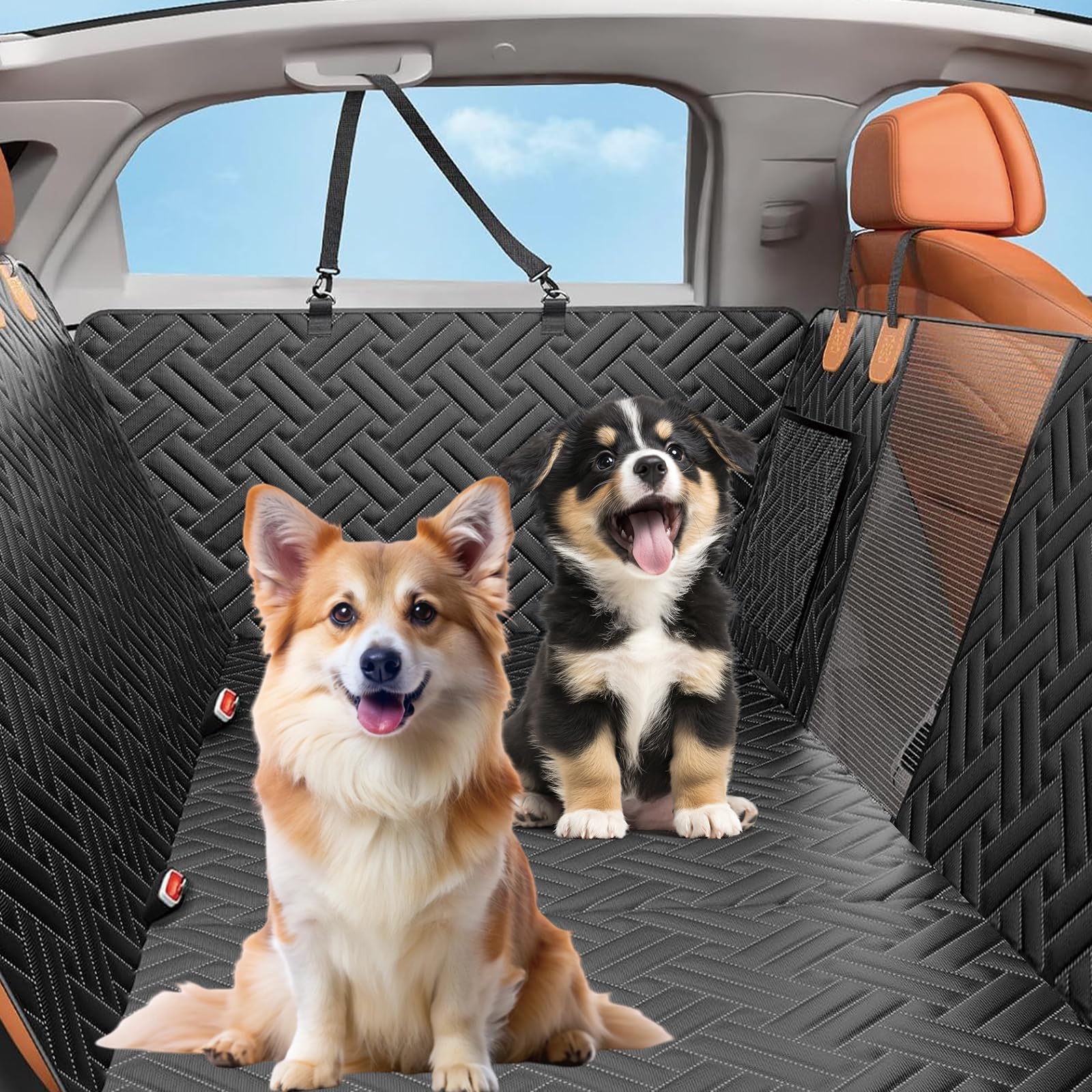 ondware Dog Car Seat Cover for Back Seat, 600D Waterproof Pet Hammock with Mesh Window and Side Flaps, Anti-Slip Dog Seat Protector for Cars, SUVs, Trucks, Scratchproof Easy-Clean
