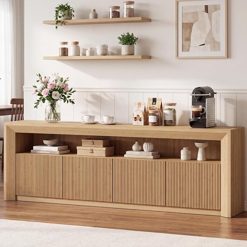 78.75" Fluted TV Stand with Storage, LED Light Entertainment Center, Oak image 3
