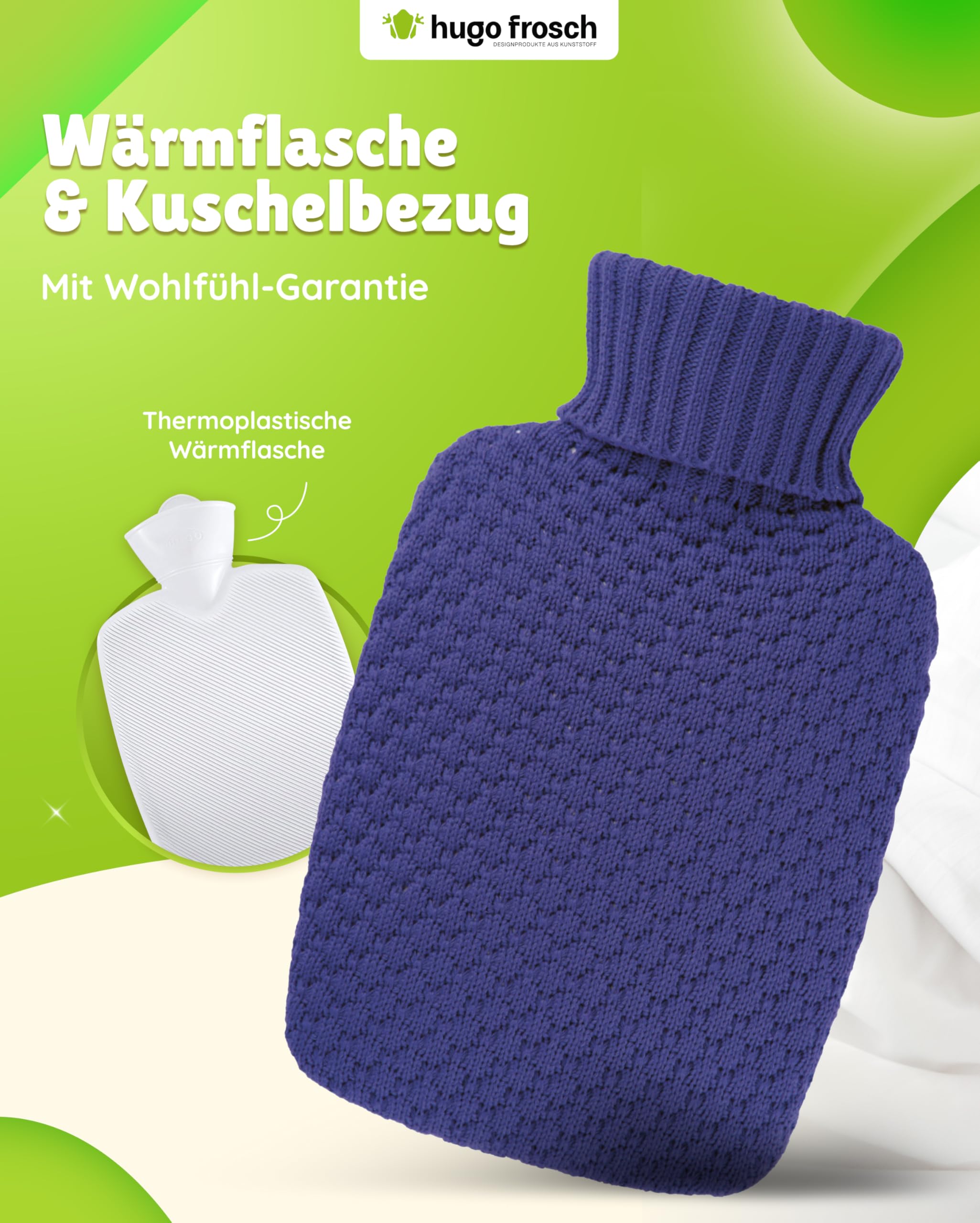 Hugo Frosch Wärmflasche Plant 1,8l – Made in Germany – mit kuscheligem Strickbezug Blau aus Bio-Baumwolle – große, auslaufsichere Bettflasche - mit waschbarem Bezug