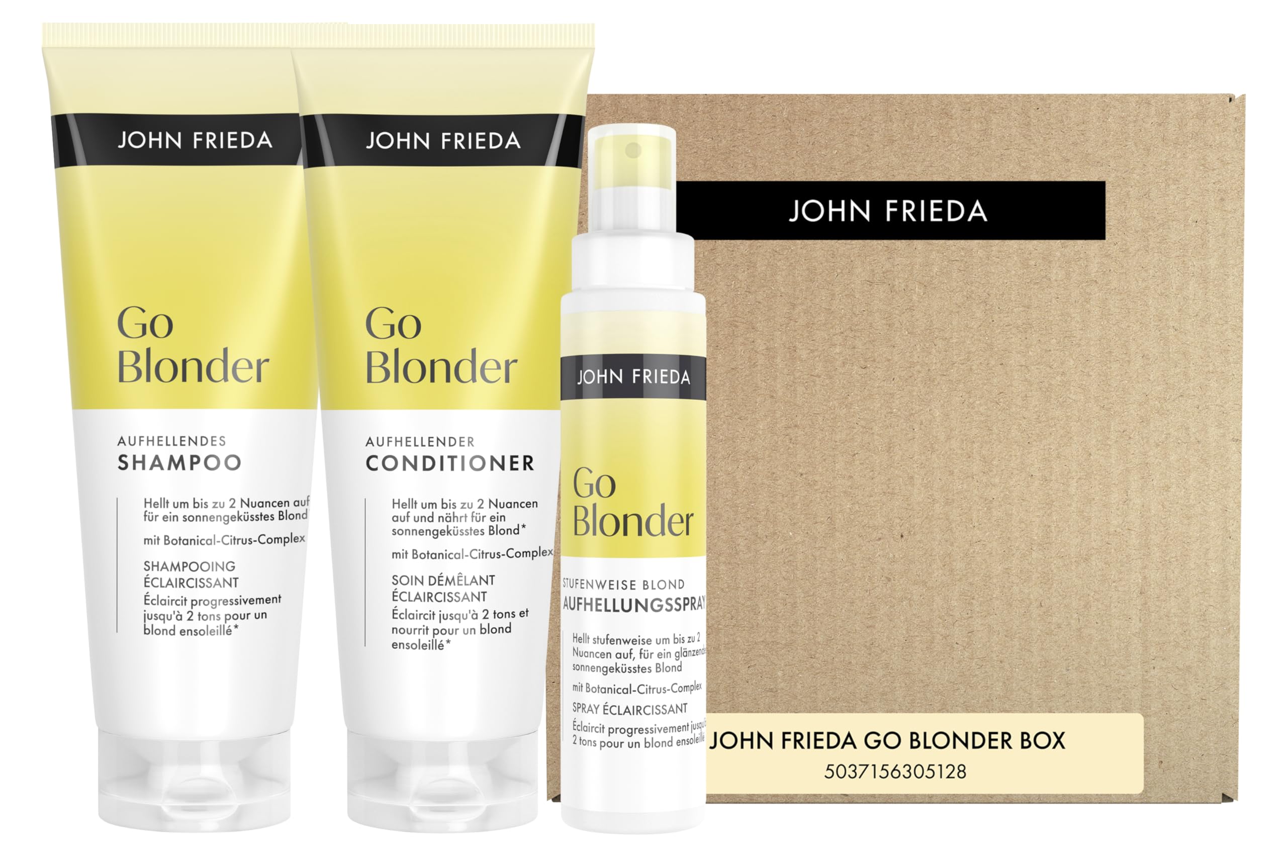 John Frieda Go Blonder zestaw korzyści – zawartość: szampon, 250 ml, odżywka, 250 ml, spray rozjaśniający, 100 ml – do włosów delikatnych, blond – rozjaśniający